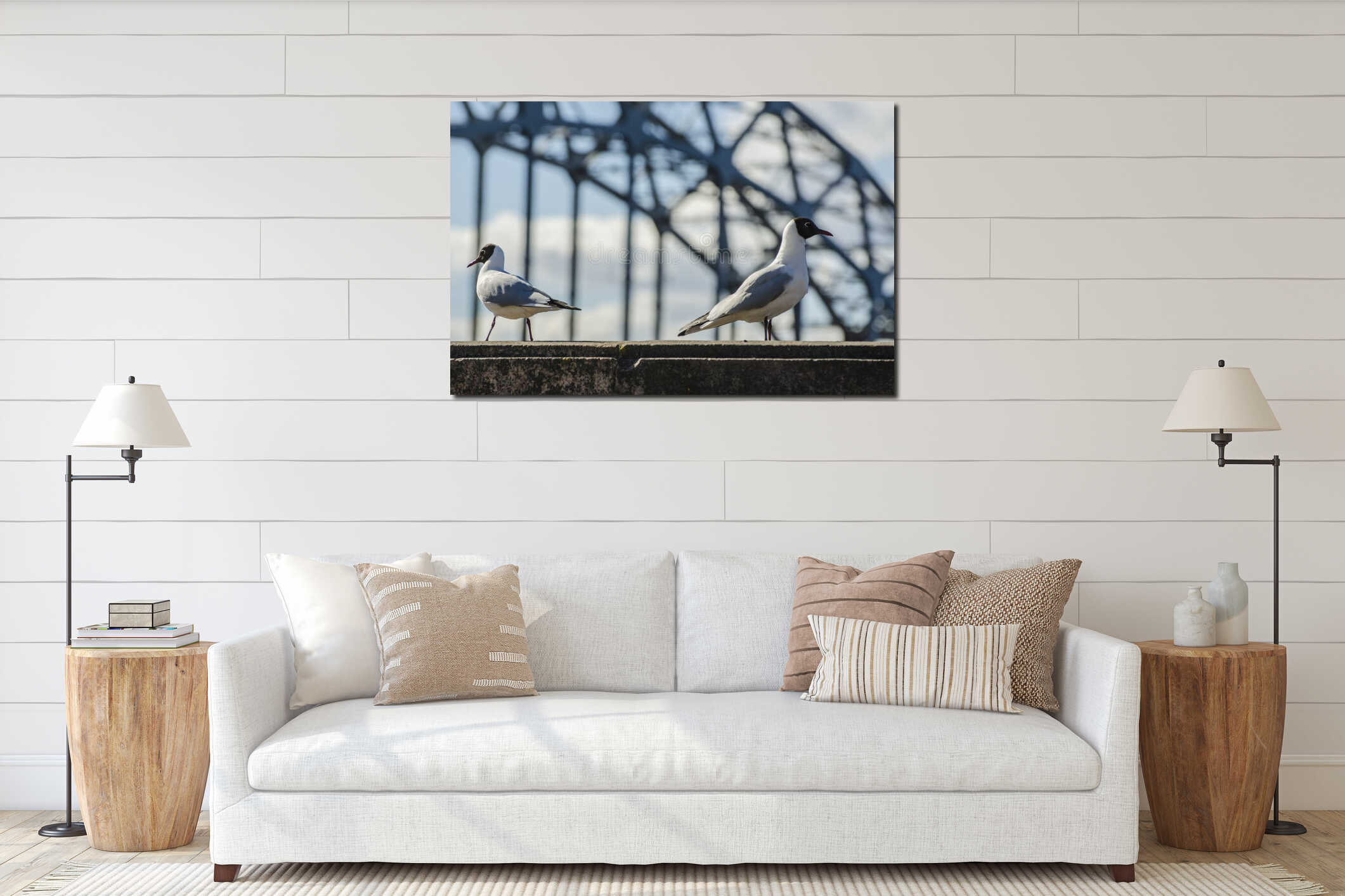Macro shot of seagull standing on handrail interior mockup