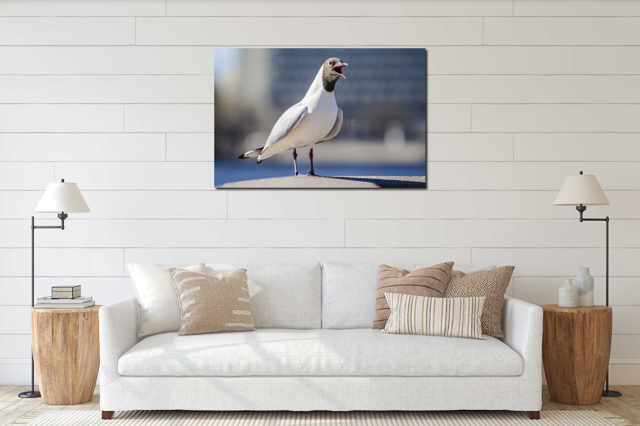 Macro shot of seagull standing on handrail interior mockup