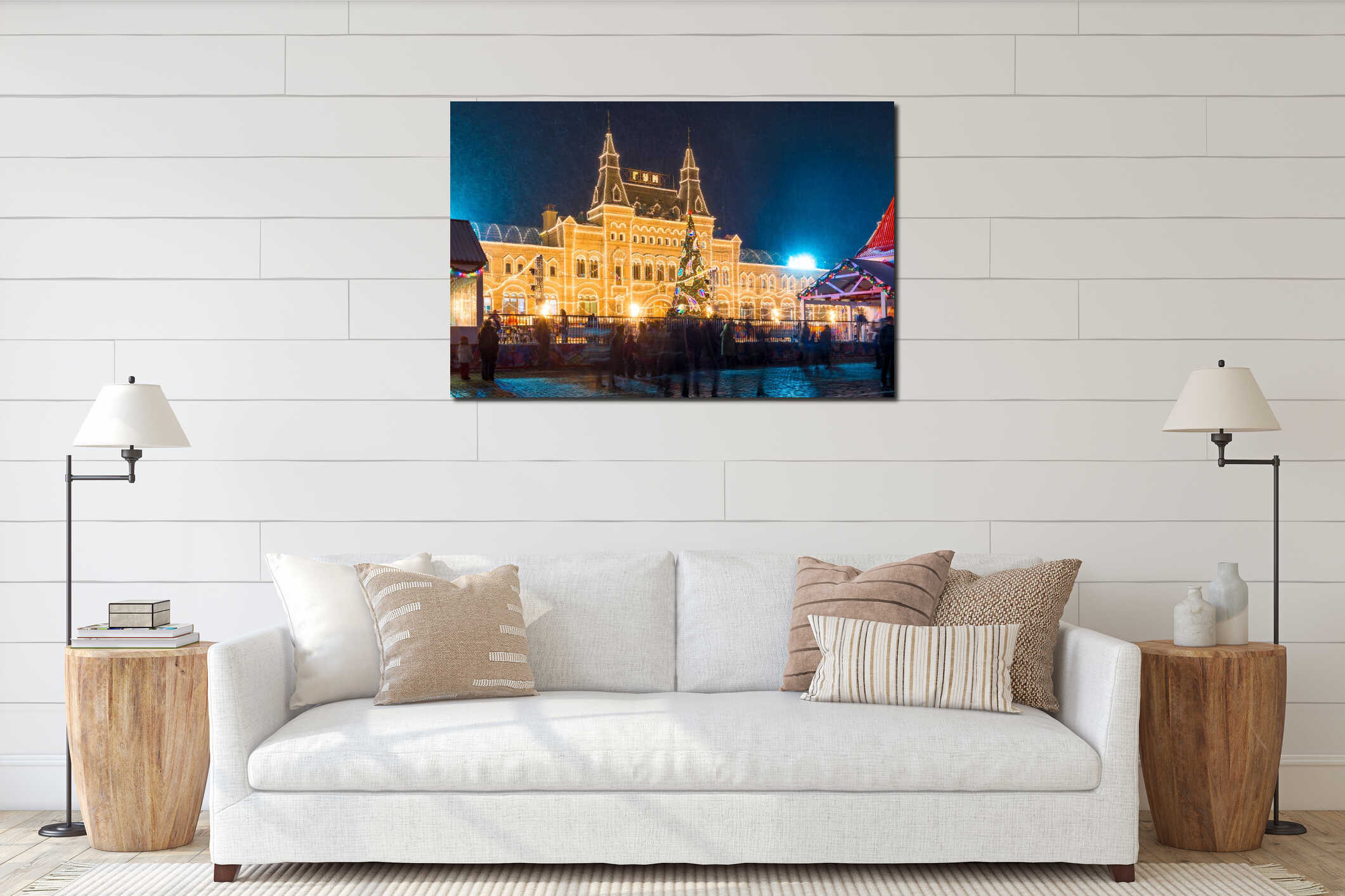 New Year`s spruce on the background of GUM on Red Square in Mosc interior mockup