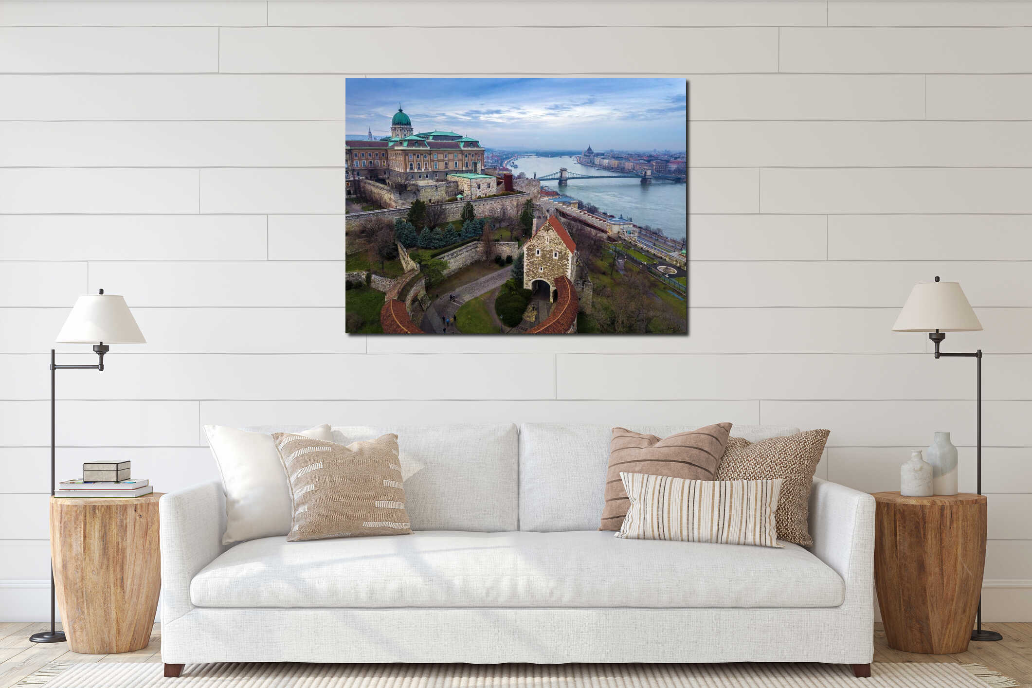 Budapest, Hungary - Aerial drone skyline view of Buda Castle Royal Palace with Szechenyi Chain Bridge interior mockup