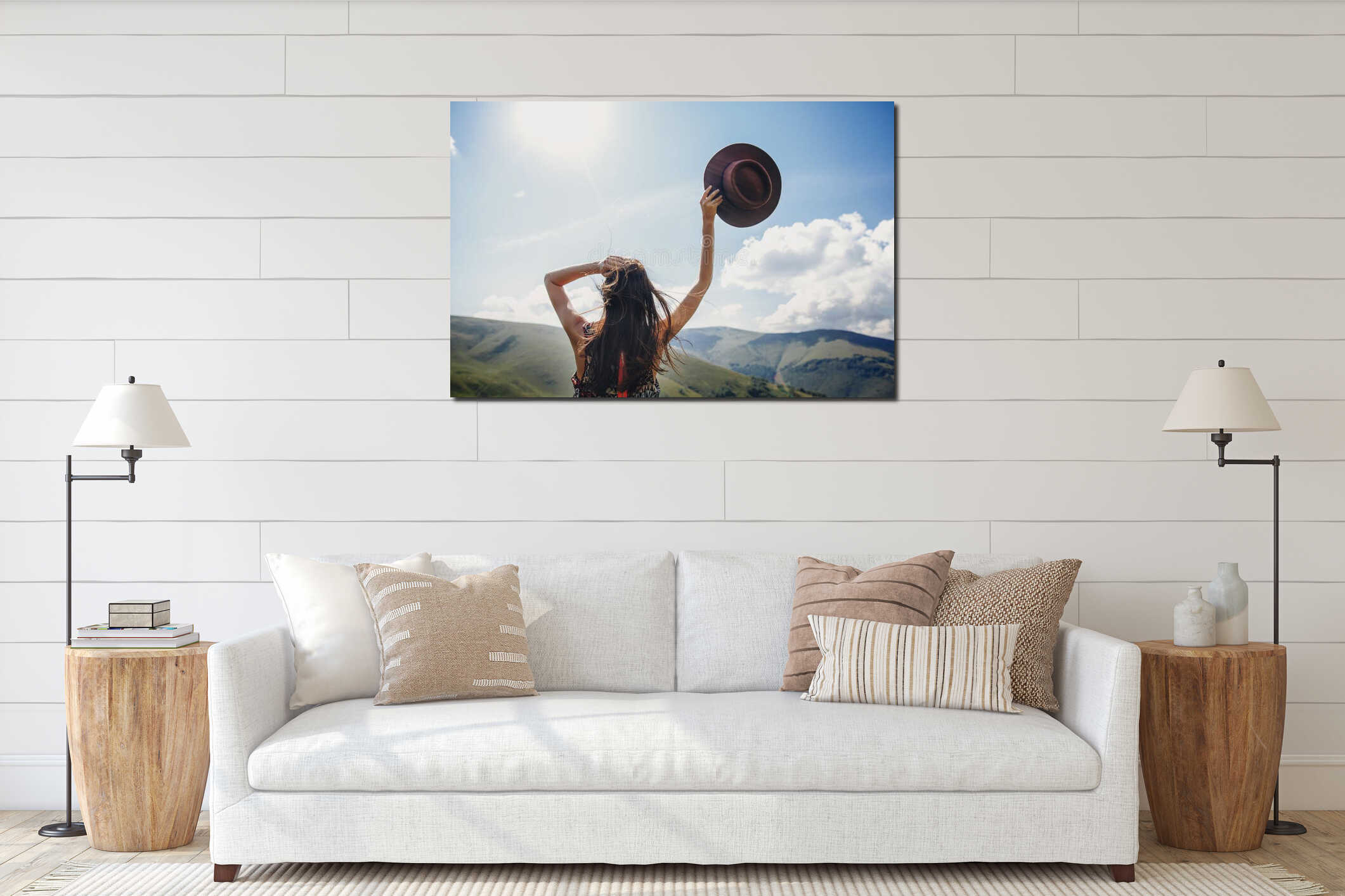 Stylish traveler woman looking at mountains. hipster girl on top interior mockup