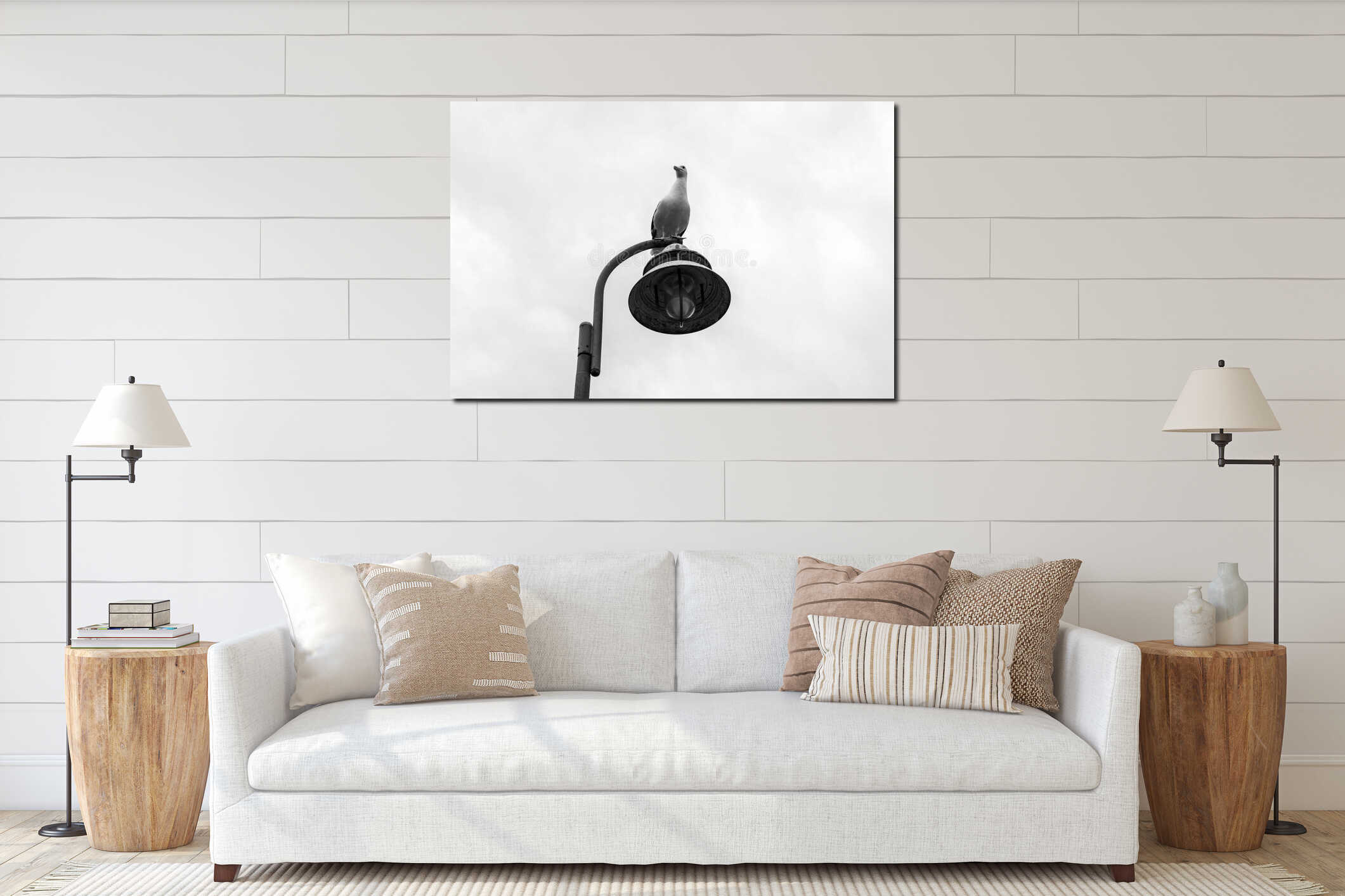 Big seagull standing over a street light spot. interior mockup