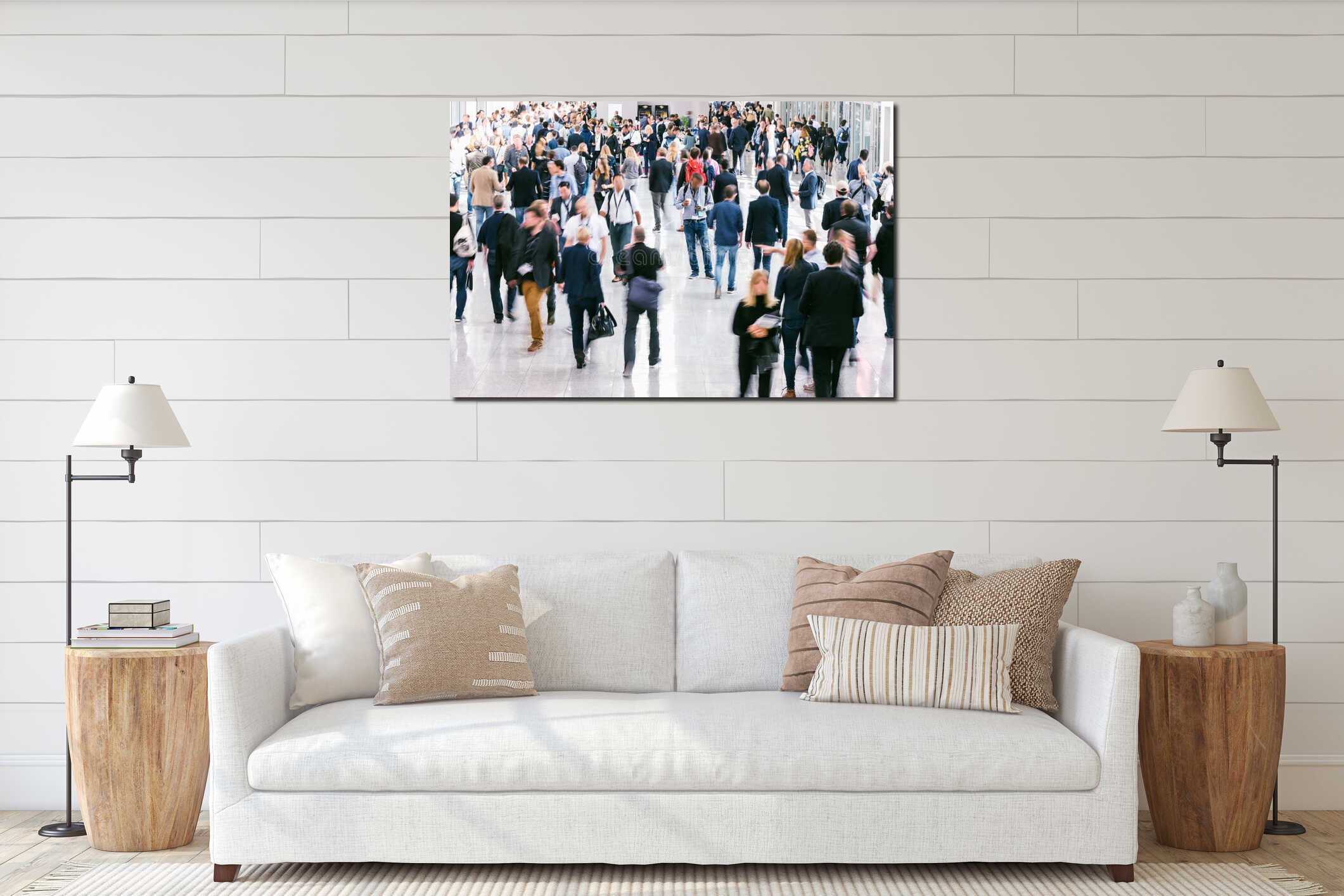 Large crowd of Blurred business people interior mockup