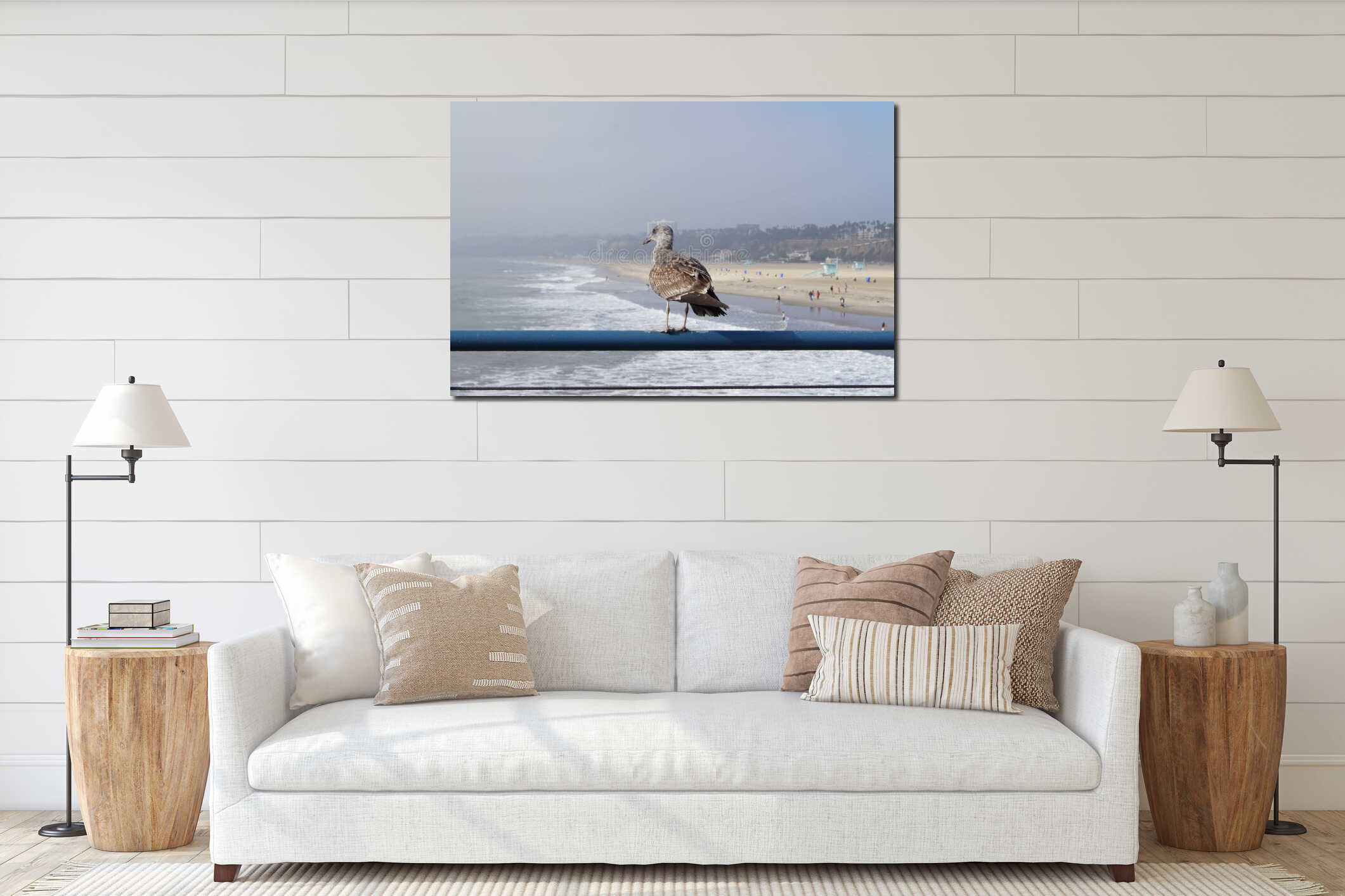 Seagull in the Santa Monica beach, Pacific ocean interior mockup