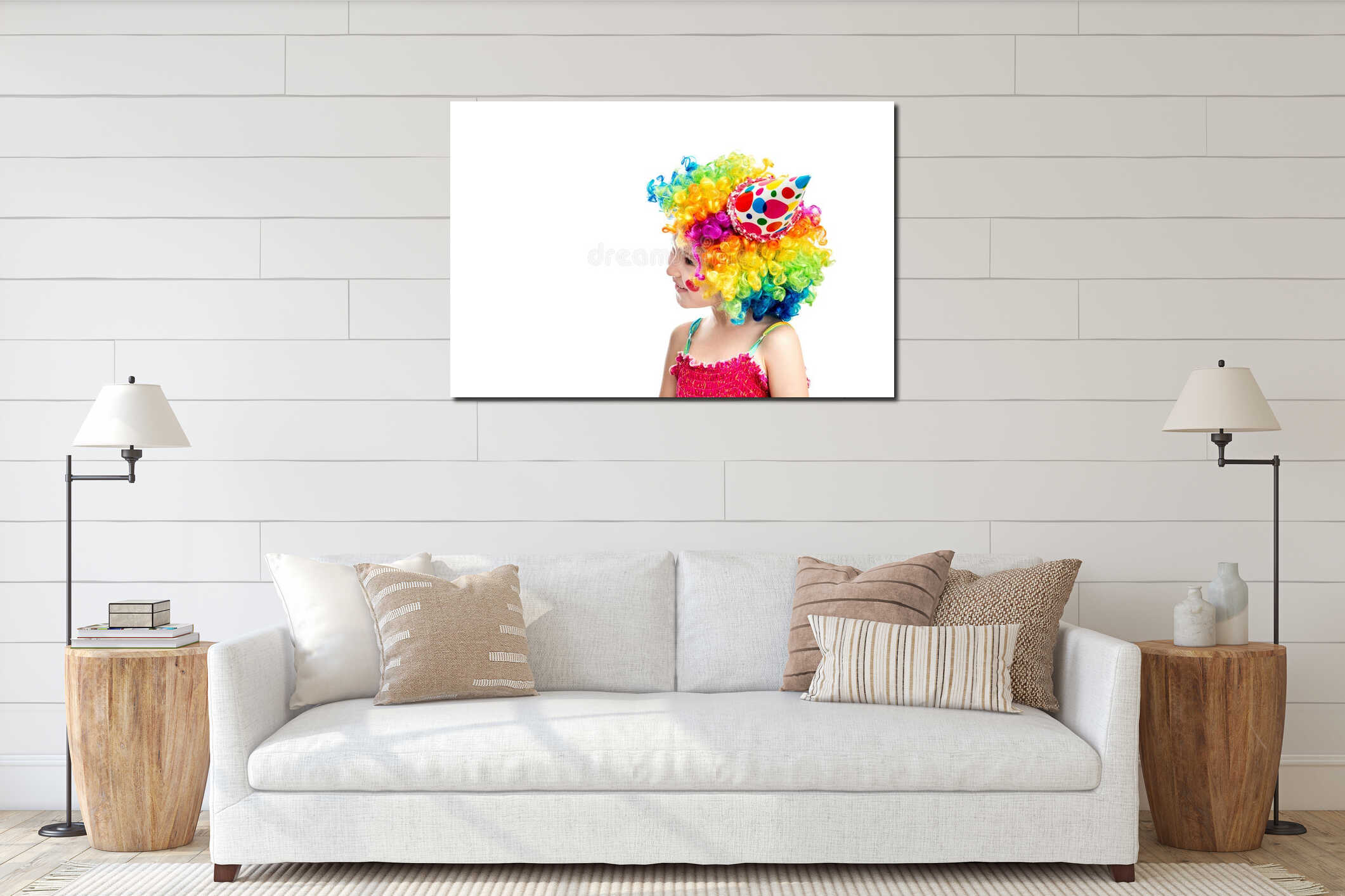 Little smiling girl dressed as a clown interior mockup
