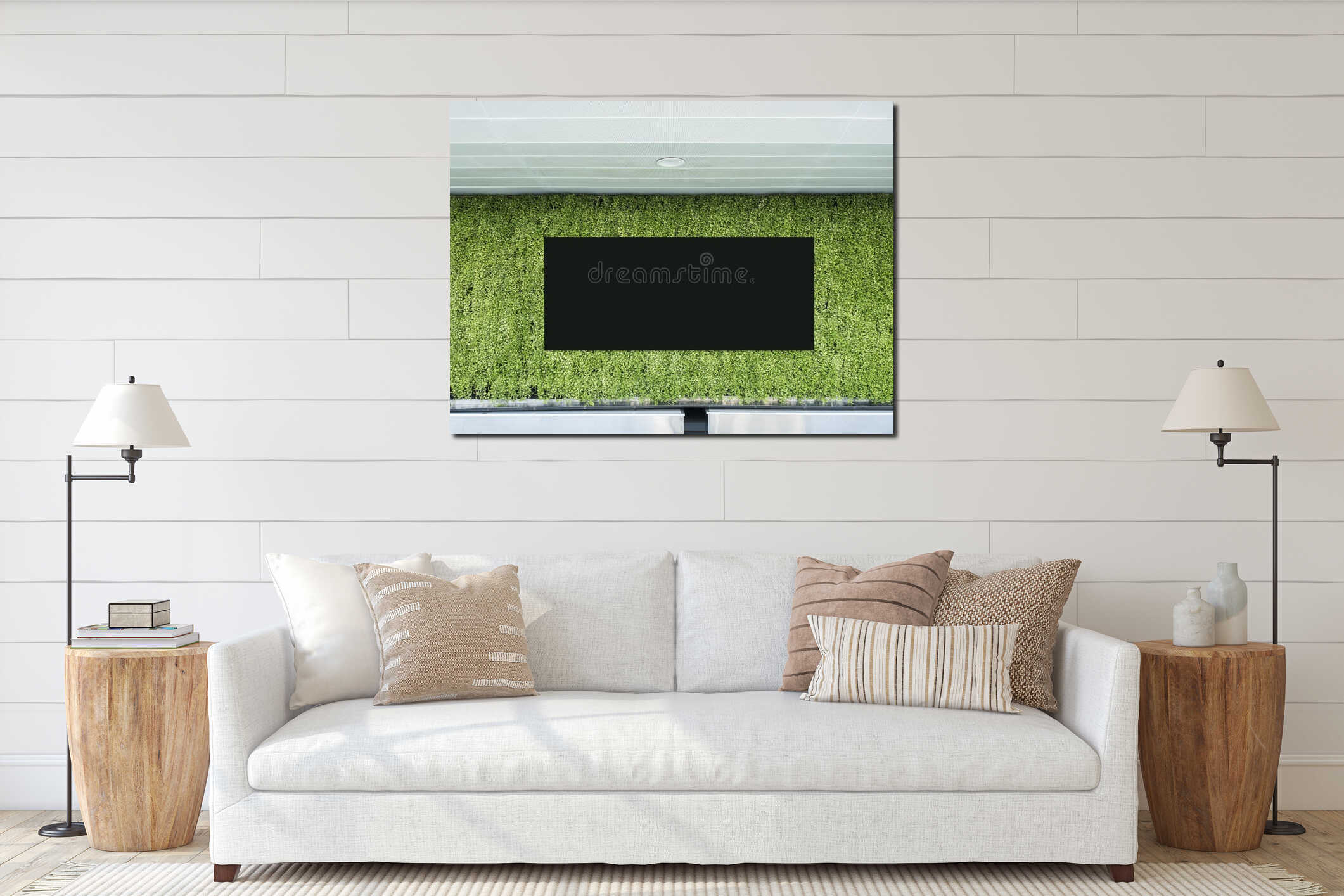 Mock up Blank banner on green grass wall decoration Media advert interior mockup