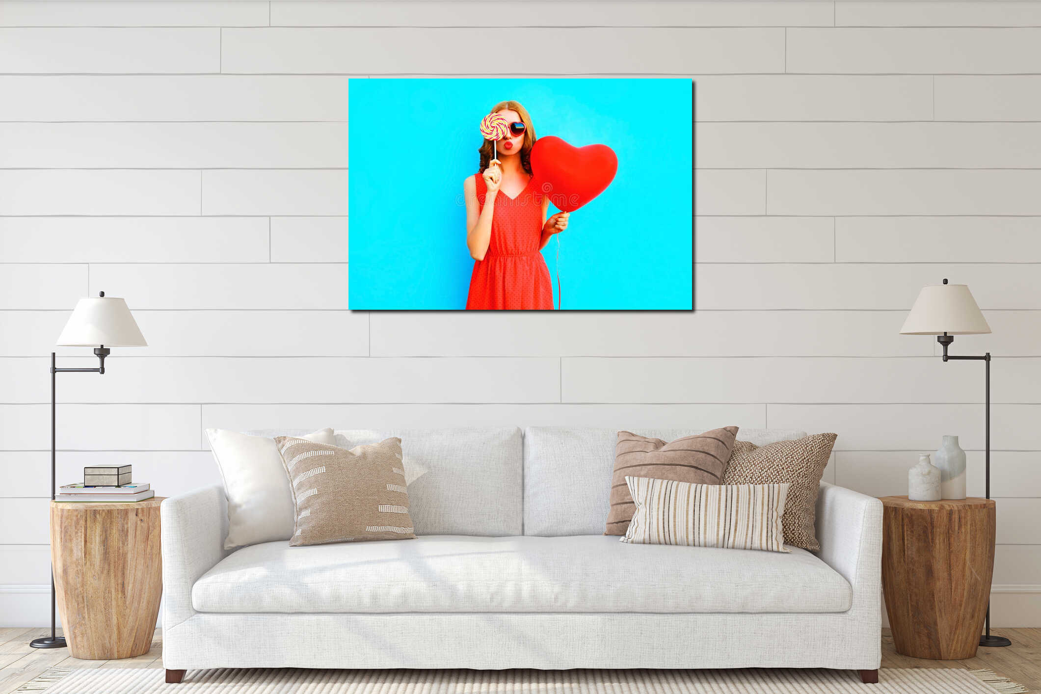 Portrait pretty woman with a lollipop candy, air balloon on blue interior mockup
