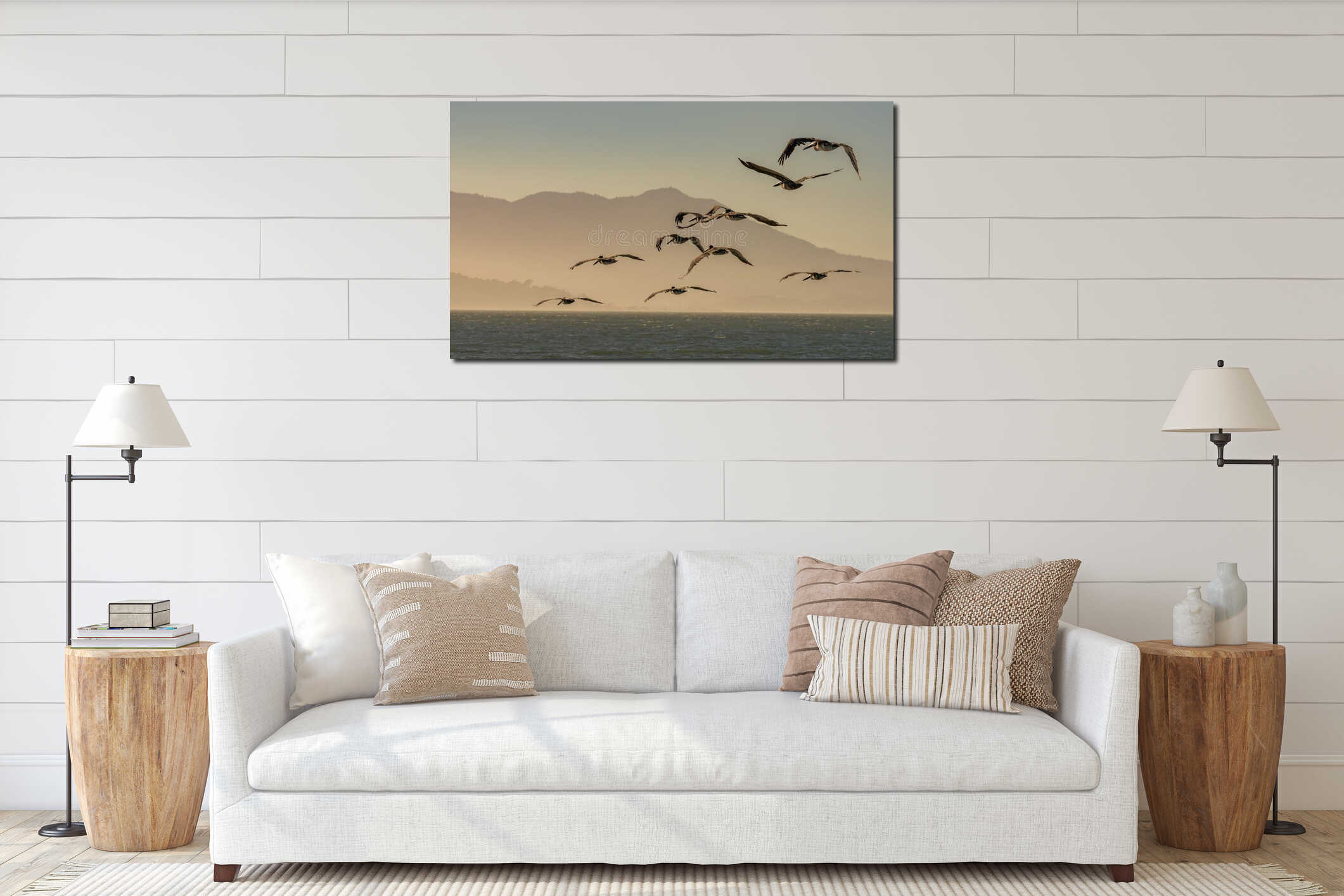 Flock of Brown Pelicans Flying over the Pacific Ocean at Dusk interior mockup