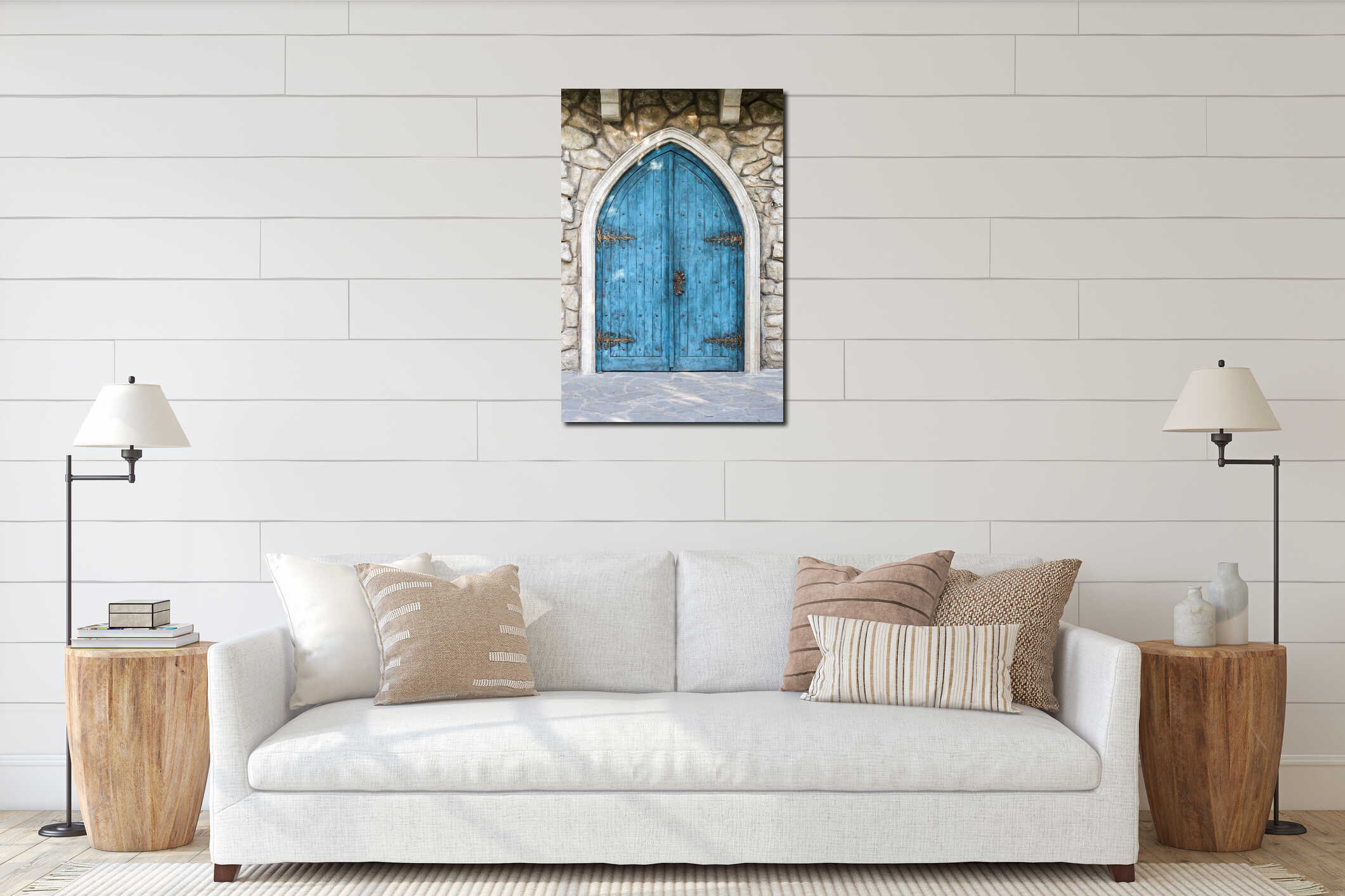 Turquoise entrance door in the medieval style interior mockup