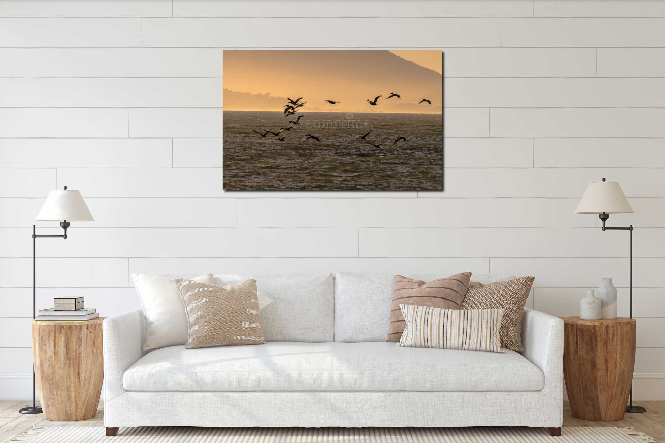 Flock of Brown Pelican Silhouettes flying at Dusk interior mockup