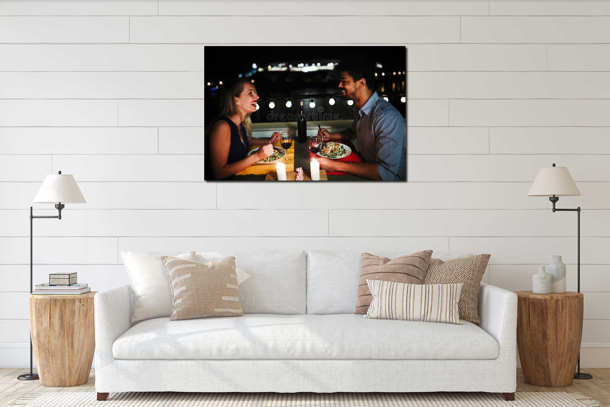 Young beautiful couple having romantic dinner on rooftop interior mockup