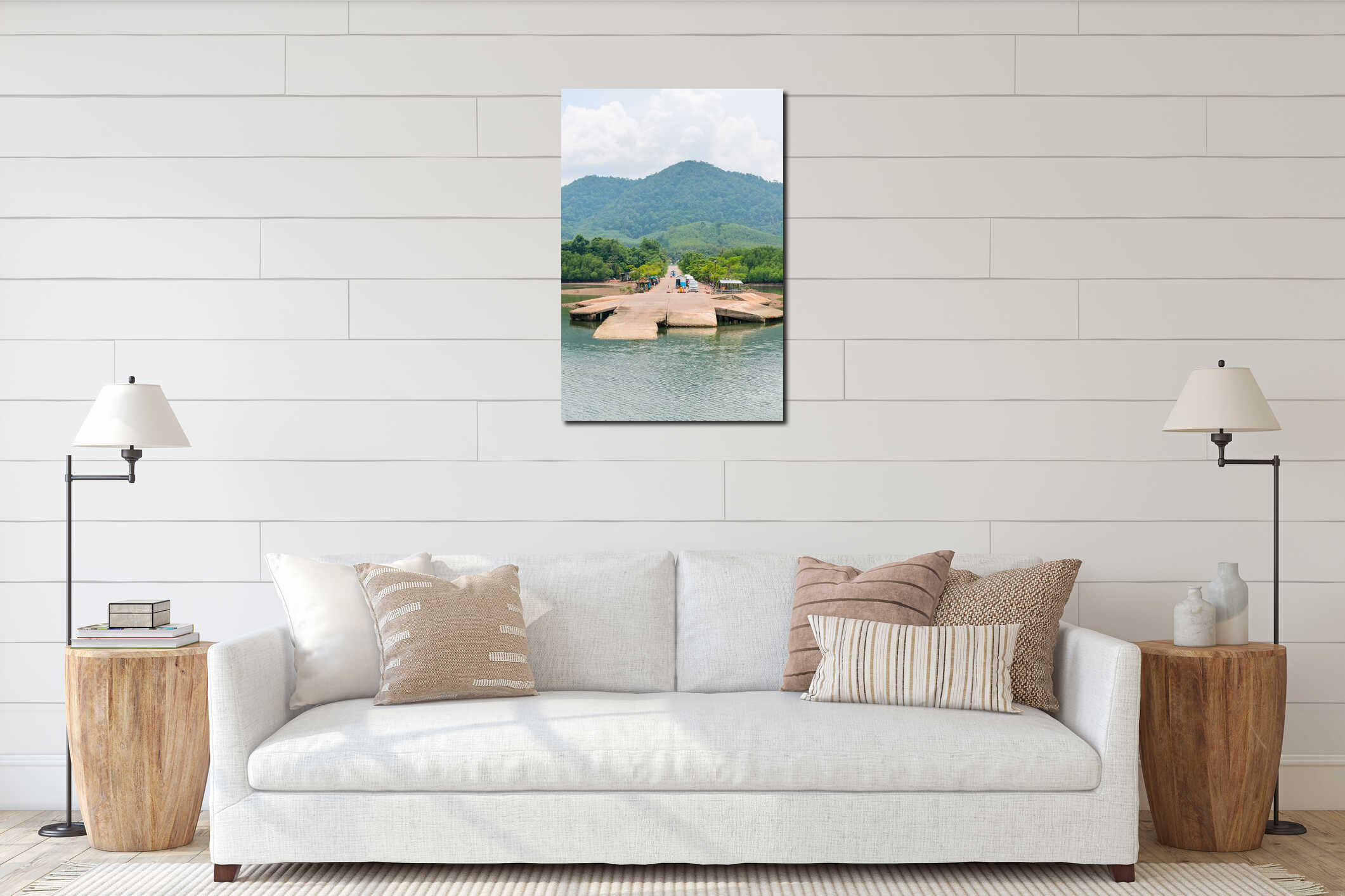 Small jetty for ferry on green tropical island interior mockup