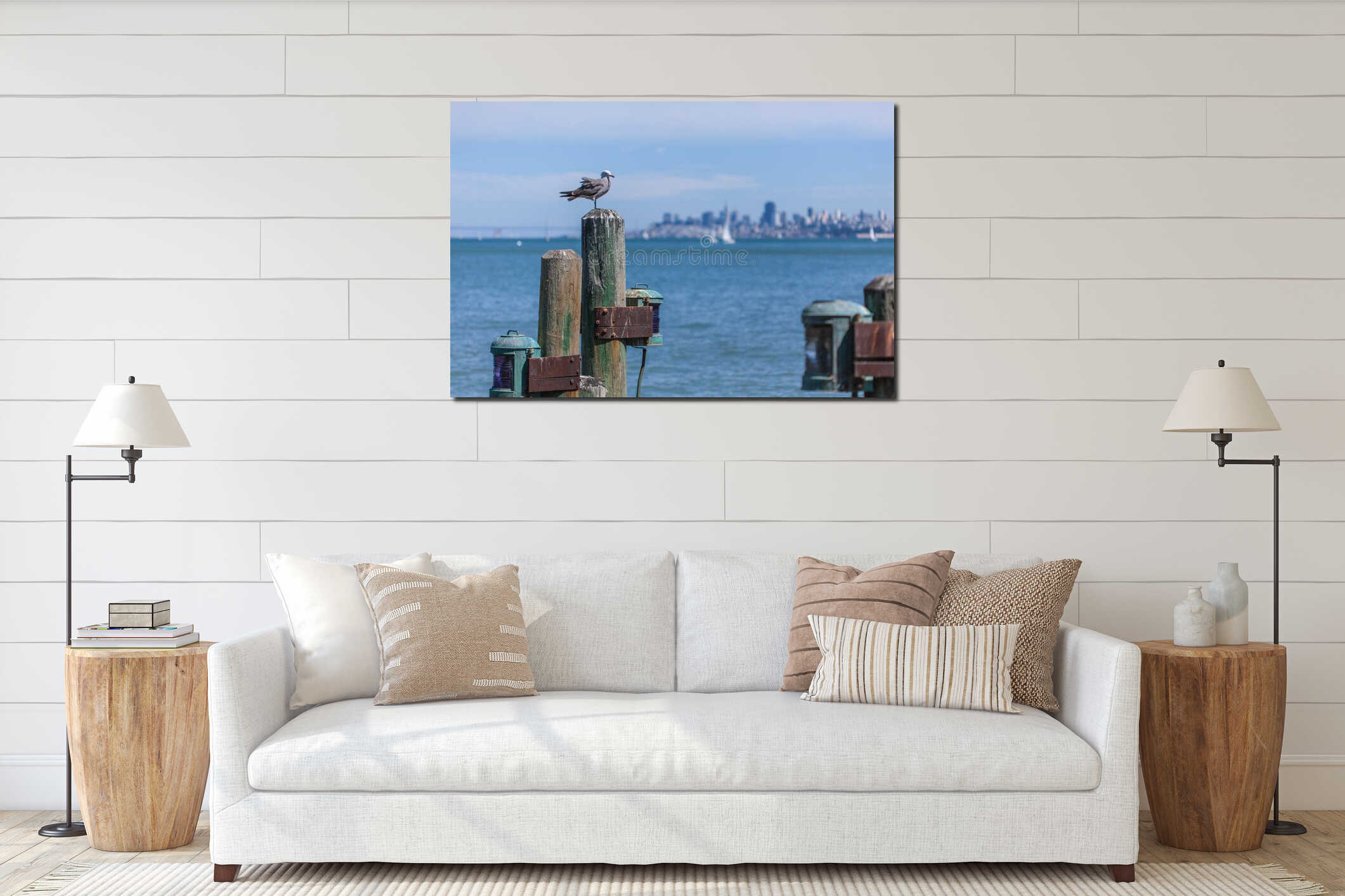Seagull perched on dock post with San Francisco skyline in background interior mockup