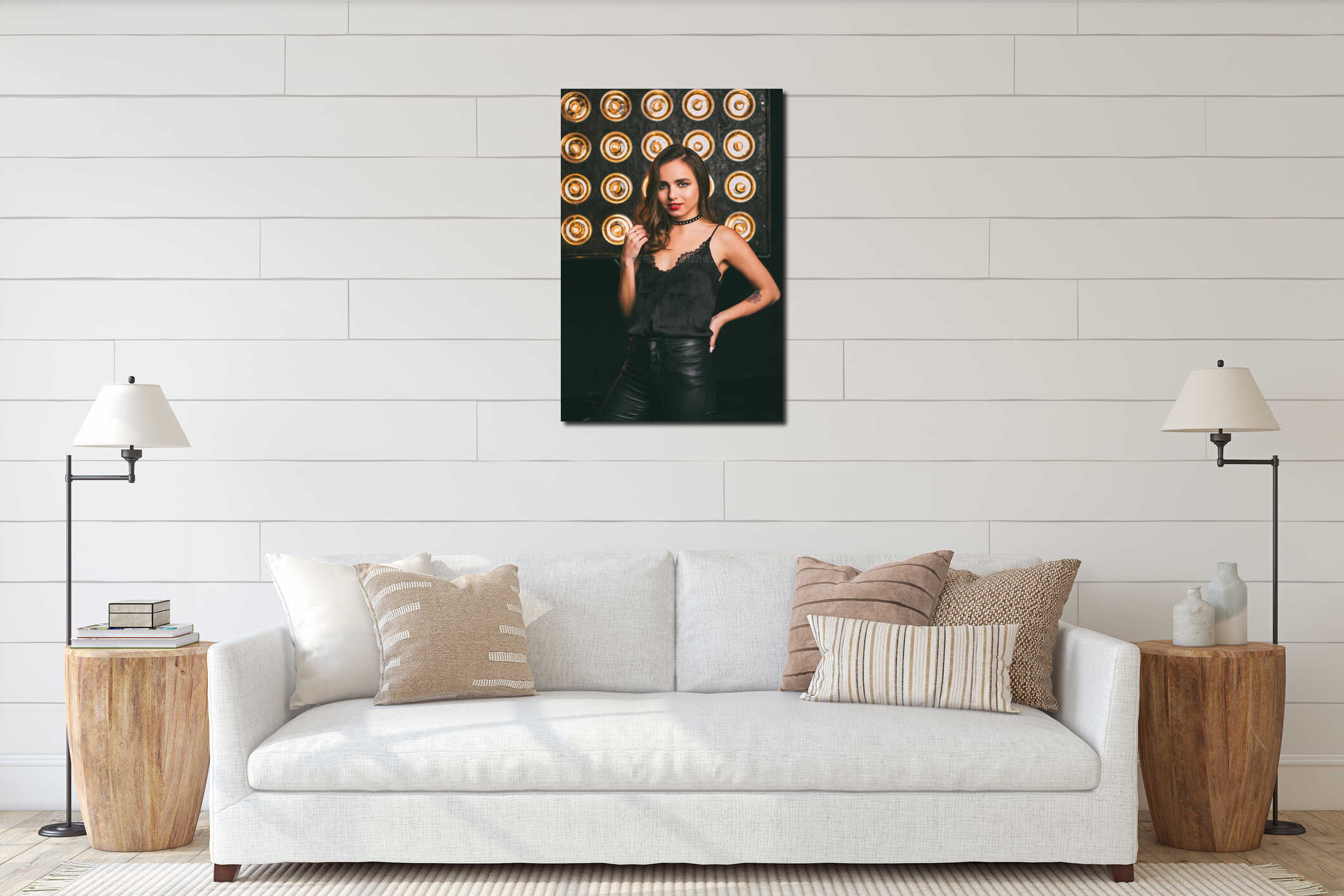 Young woman studio fashion portrait. Dark golden colors. interior mockup