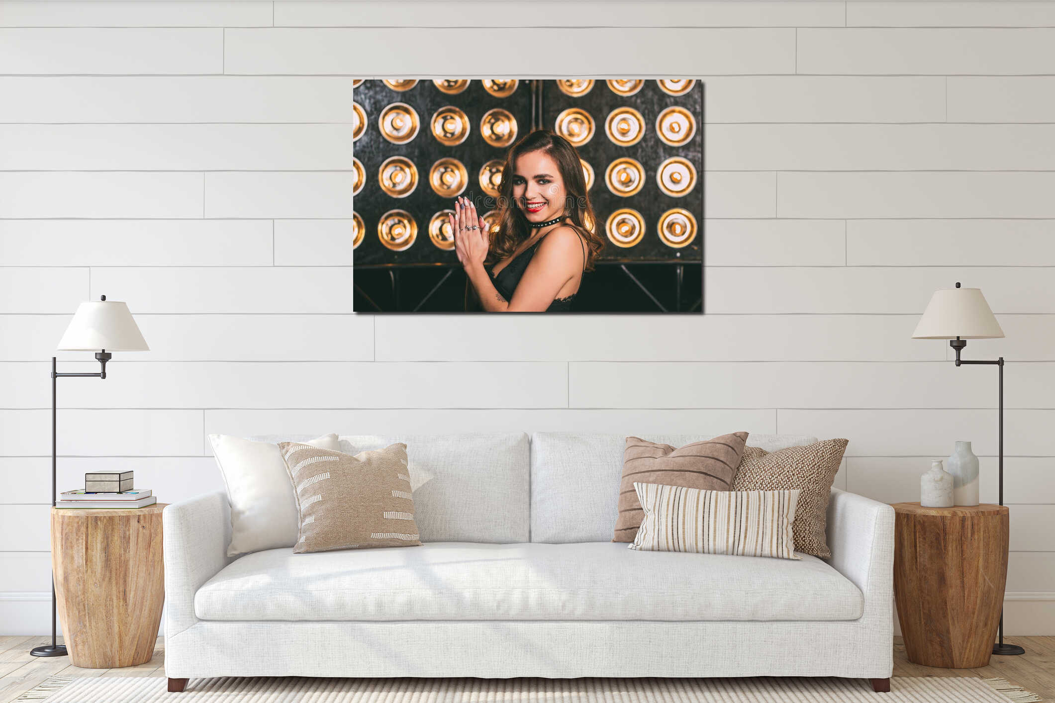 Young woman studio fashion portrait. Dark golden colors. interior mockup