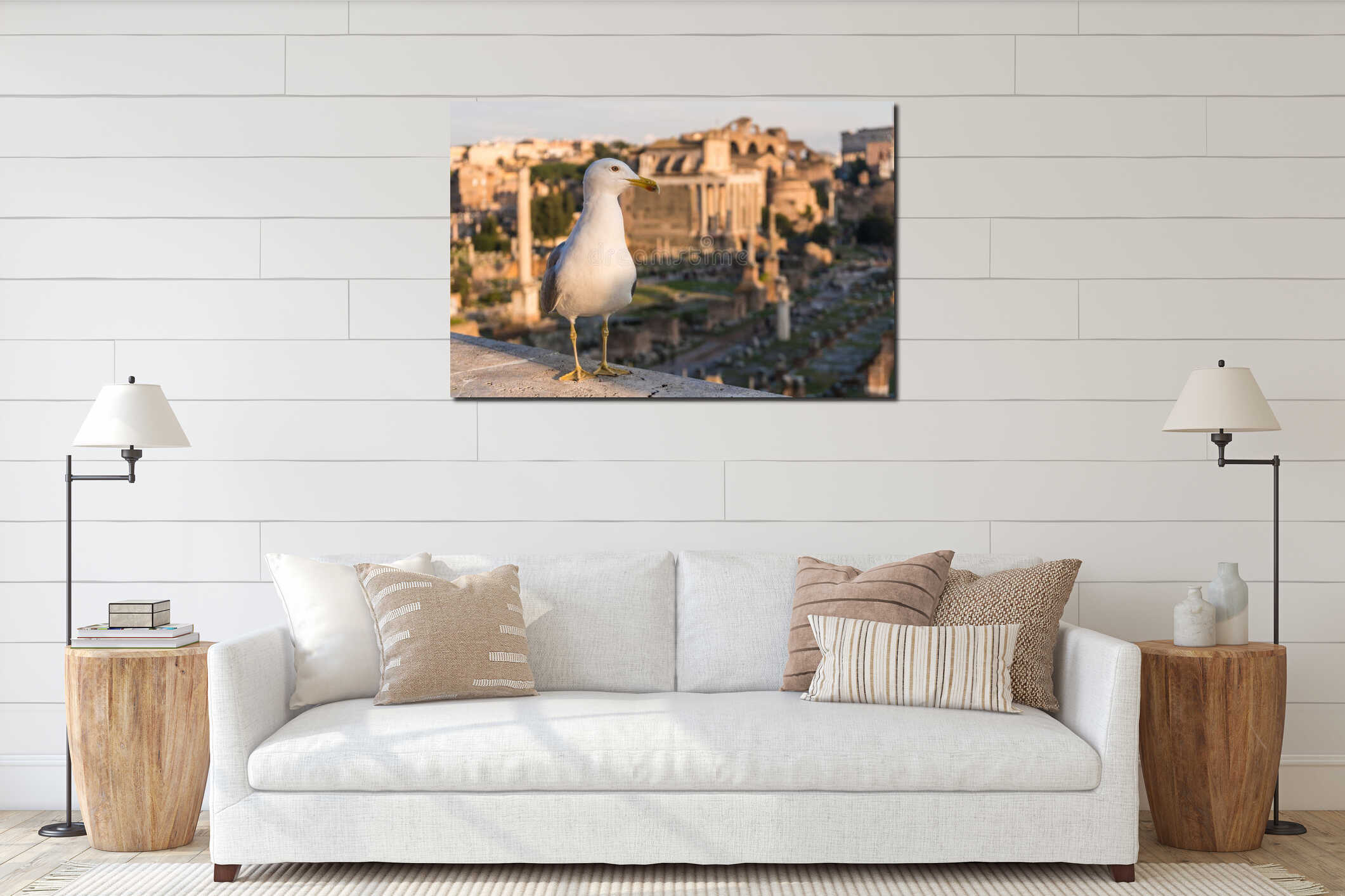 Seagull sitting at background of Roman ruins interior mockup
