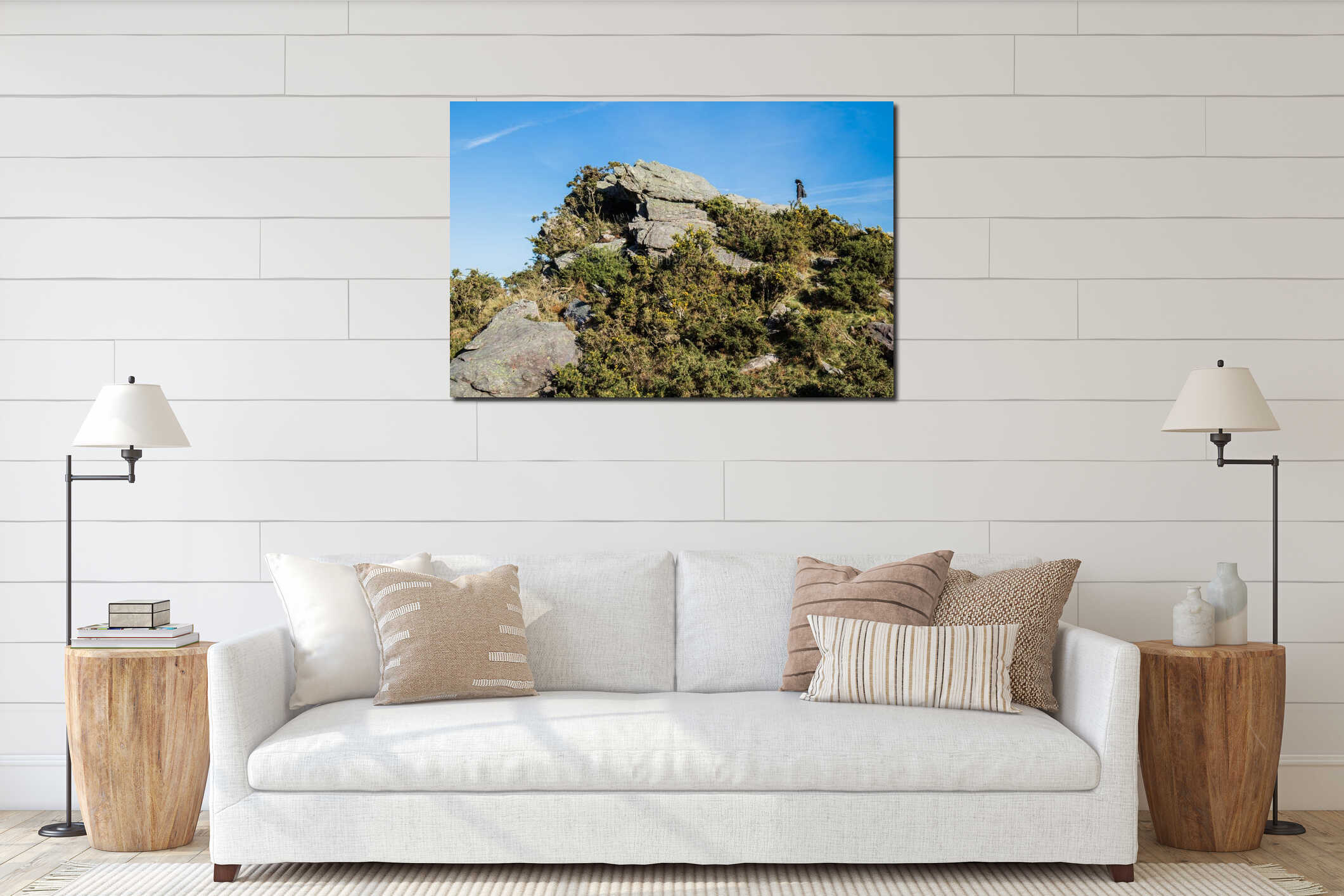 Beautiful view on rocky landscape with man hiking on mountain top on atlantic coastline, basque country, france interior mockup