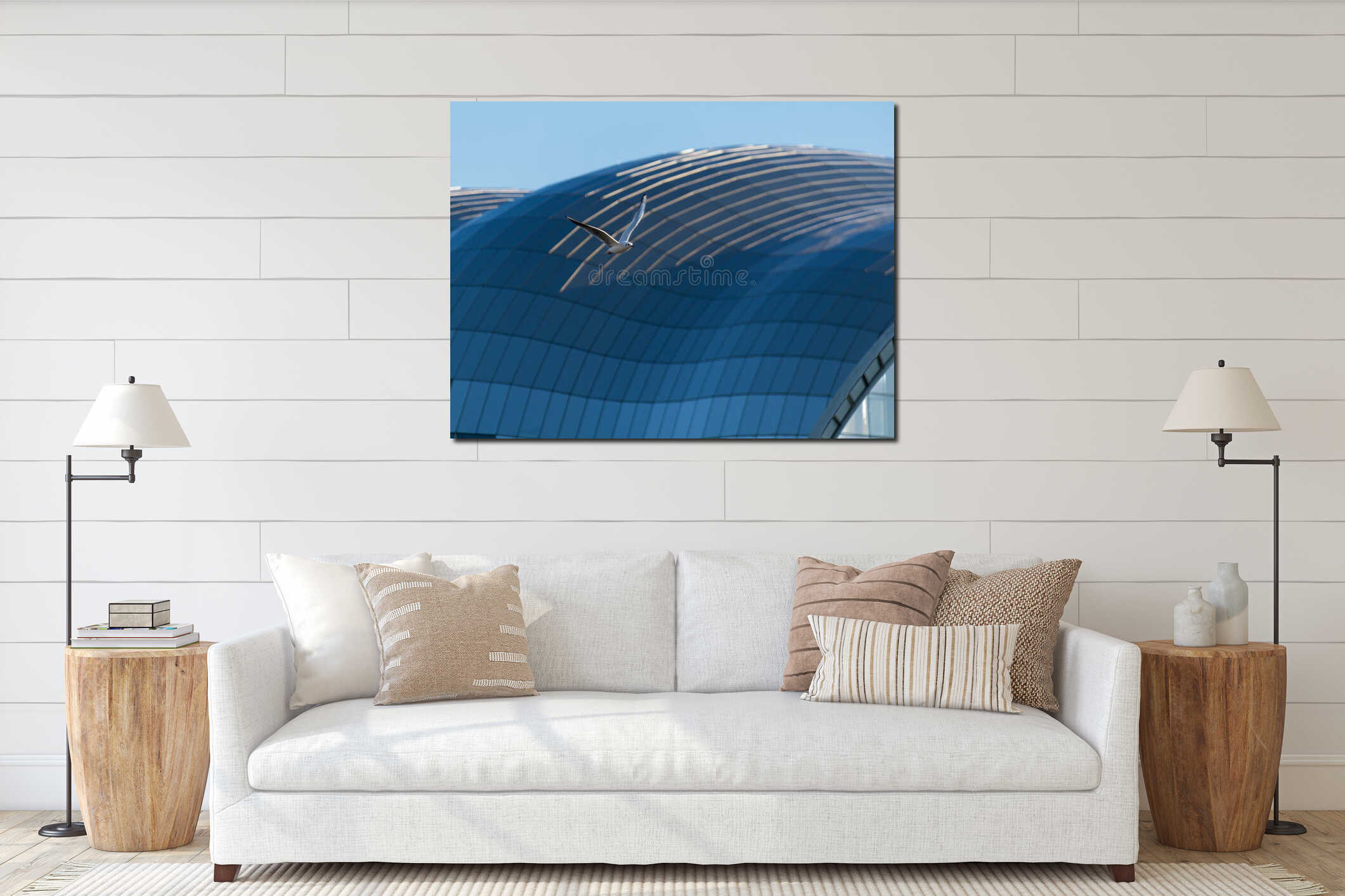 Seagull flying in front of the Sage Gateshead concert hall interior mockup