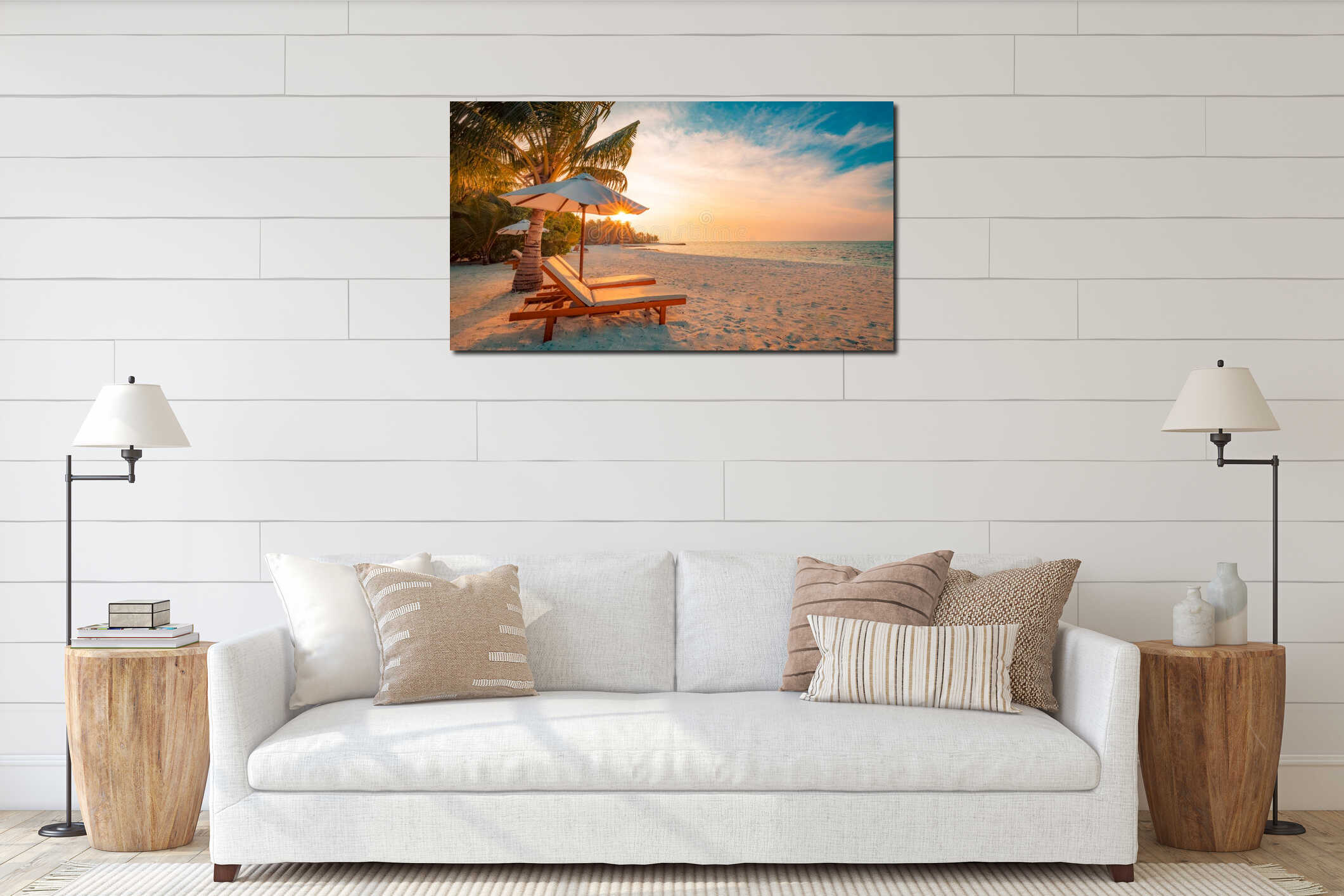 Beautiful beach. Chairs on the sandy beach near the sea. Summer holiday and vacation concept. Inspirational tropical scene. interior mockup