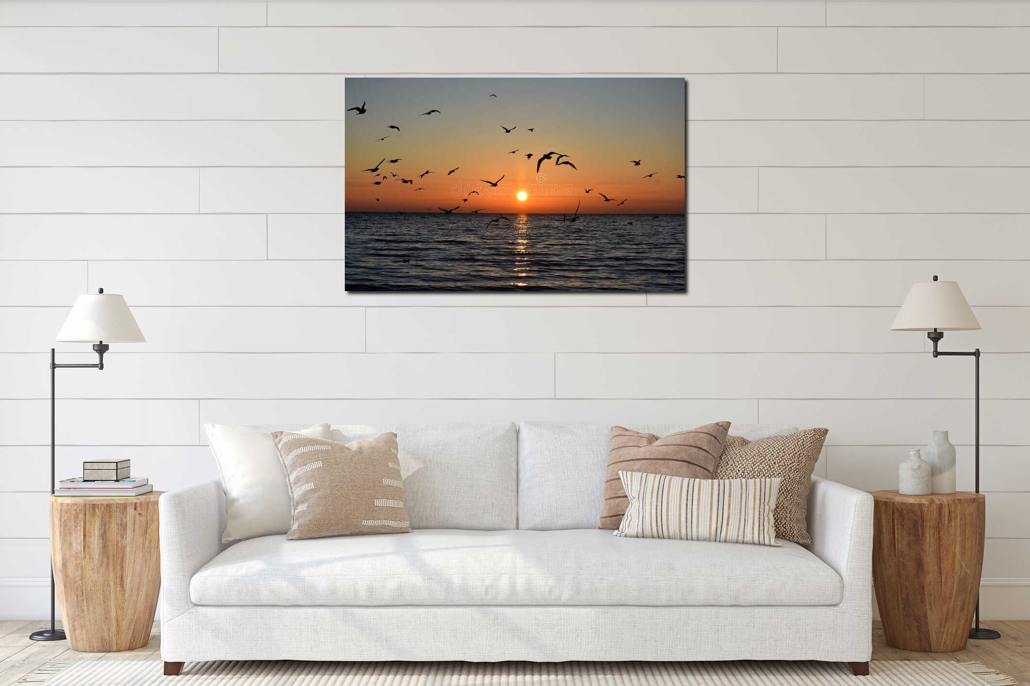 bright sunrise and flying seagulls over the baltic sea in gdynia, poland interior mockup