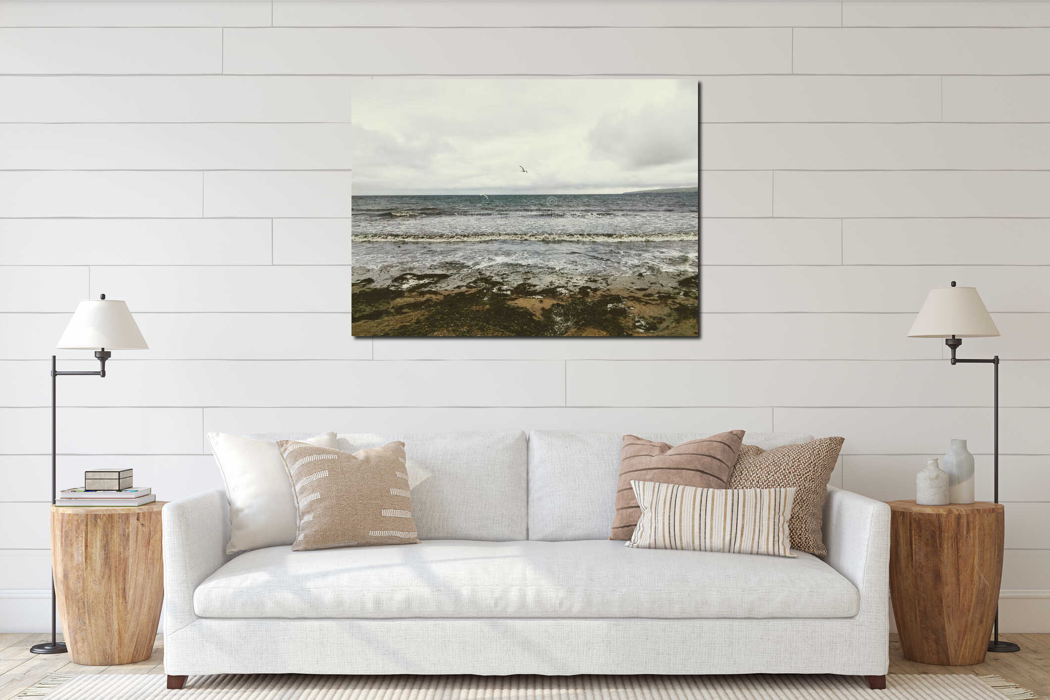 White seagull, dove above mossy, sand beach shore. interior mockup