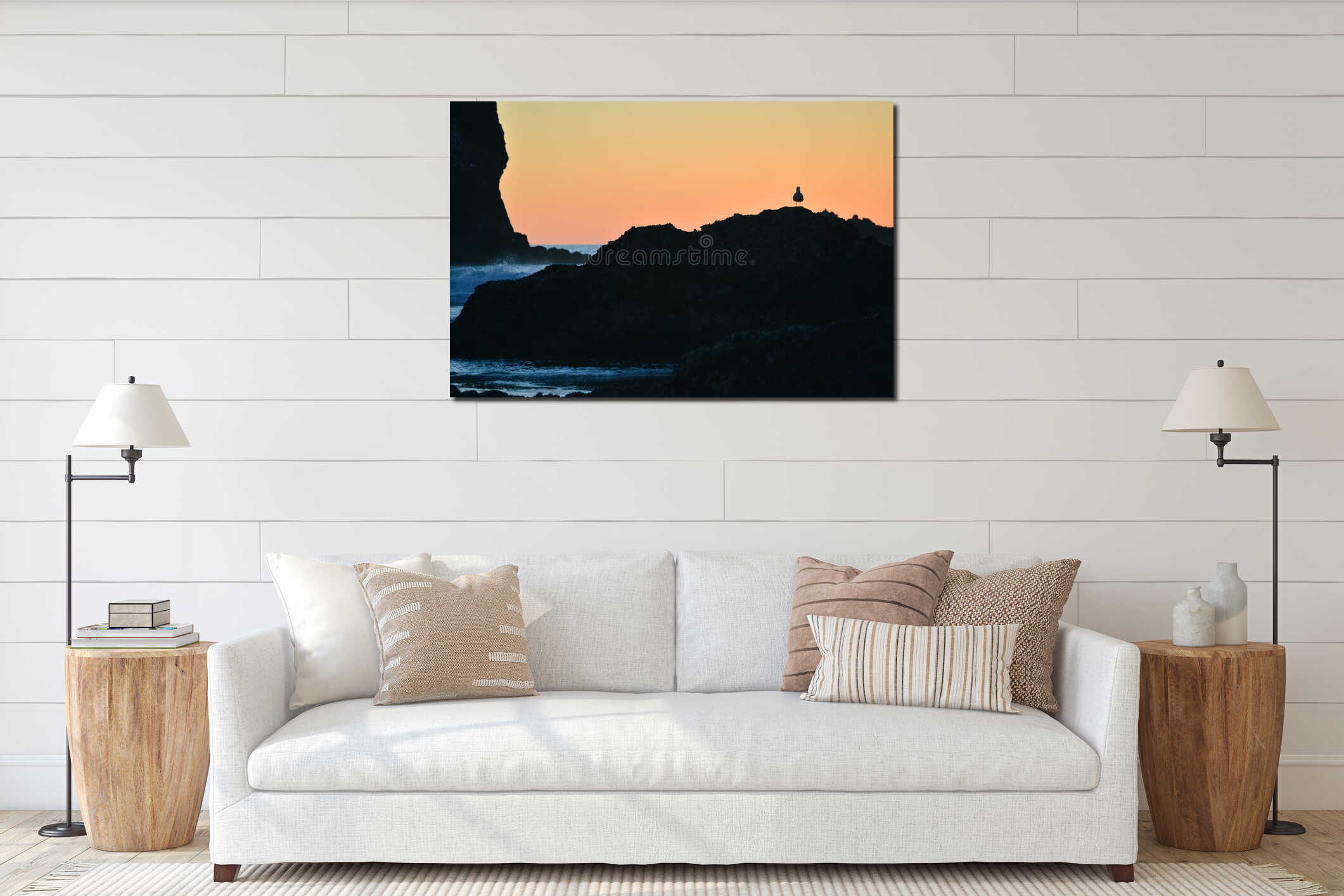 Black silhouette of seagull on the rocks ocean on background interior mockup