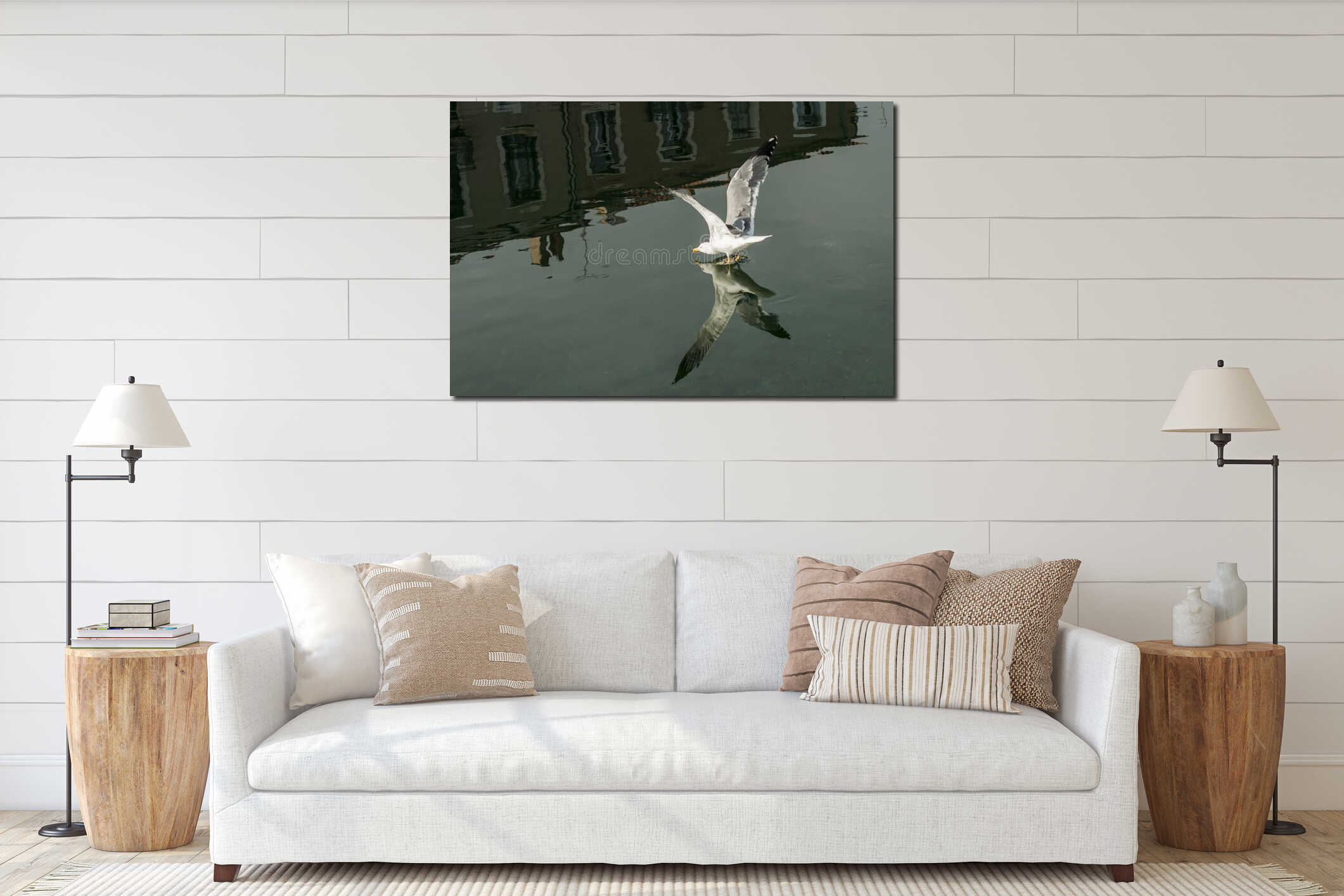 Seagull landing on water interior mockup
