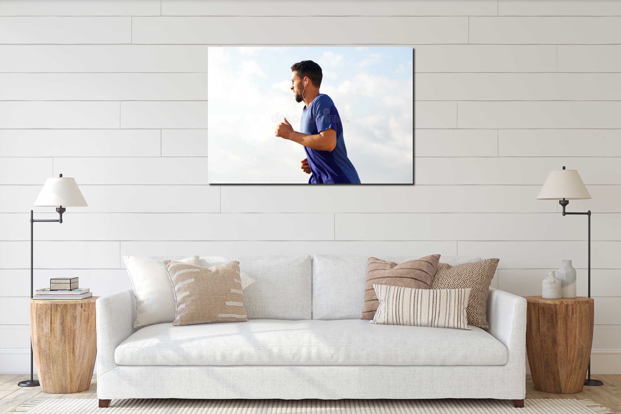 Young man running outside with earphones interior mockup