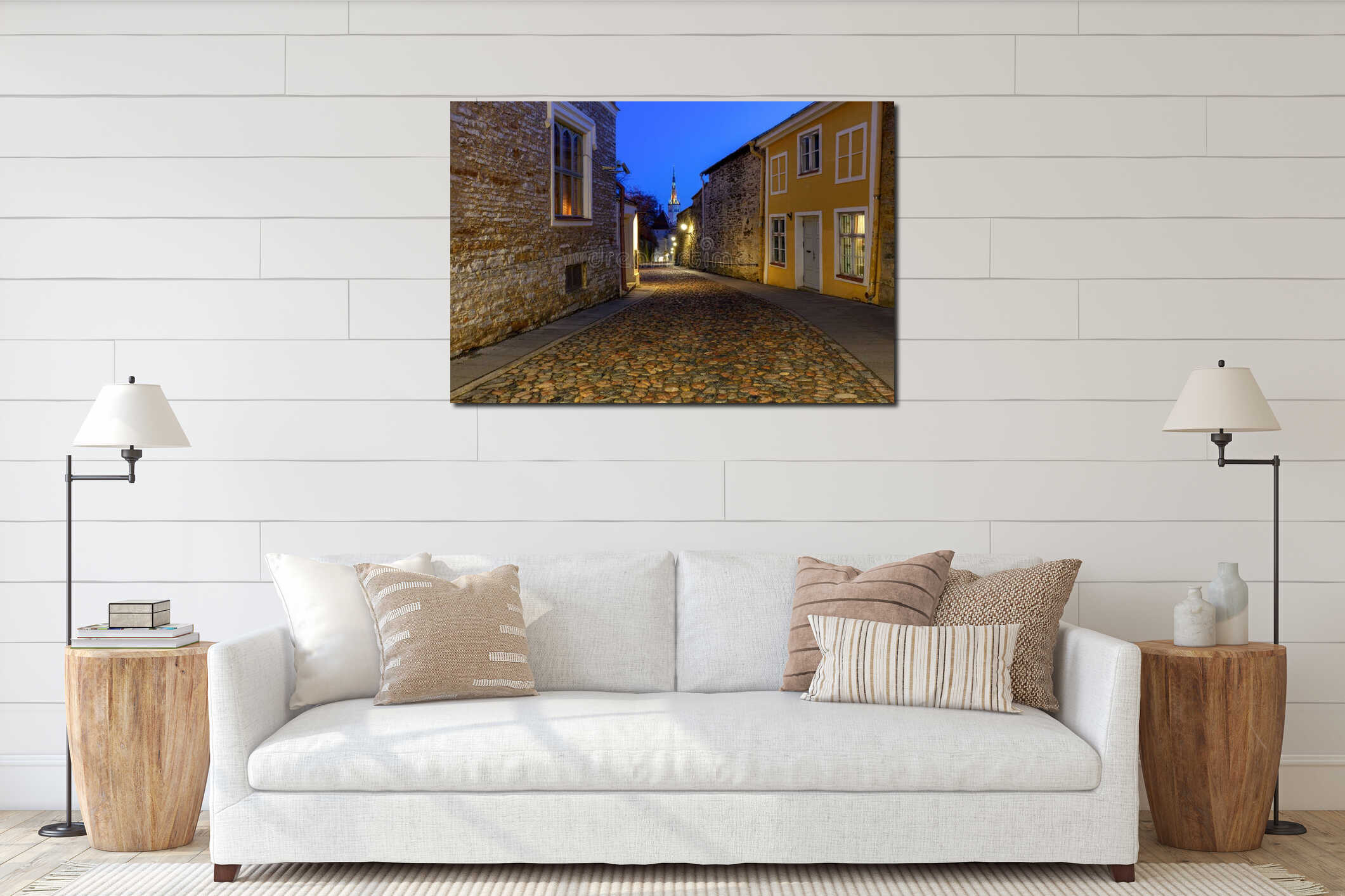 Tallinn. Old medieval street at dawn. interior mockup