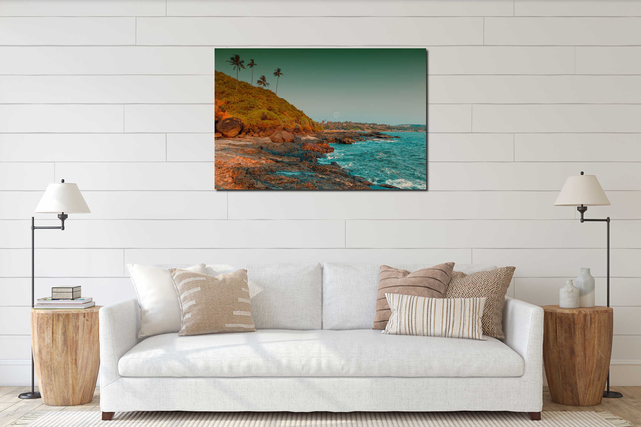 Rocky shore and coconut palms. tropical beach. interior mockup