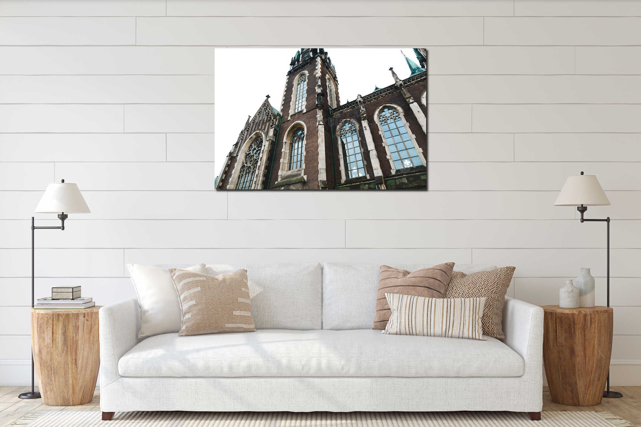 Lviv, Ukraine - February 4, 2018: St. Elizabeth church in Lviv in winter, Baroque and Gothic architecture, large panoramic windows interior mockup