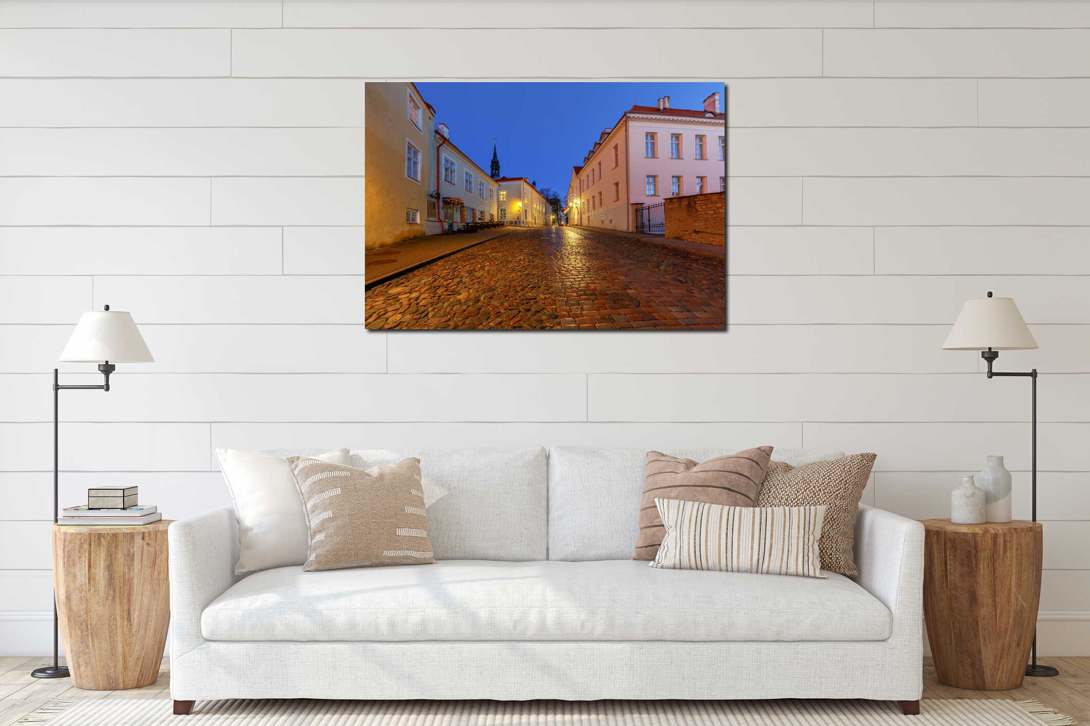 Tallinn. Old medieval street at dawn. interior mockup