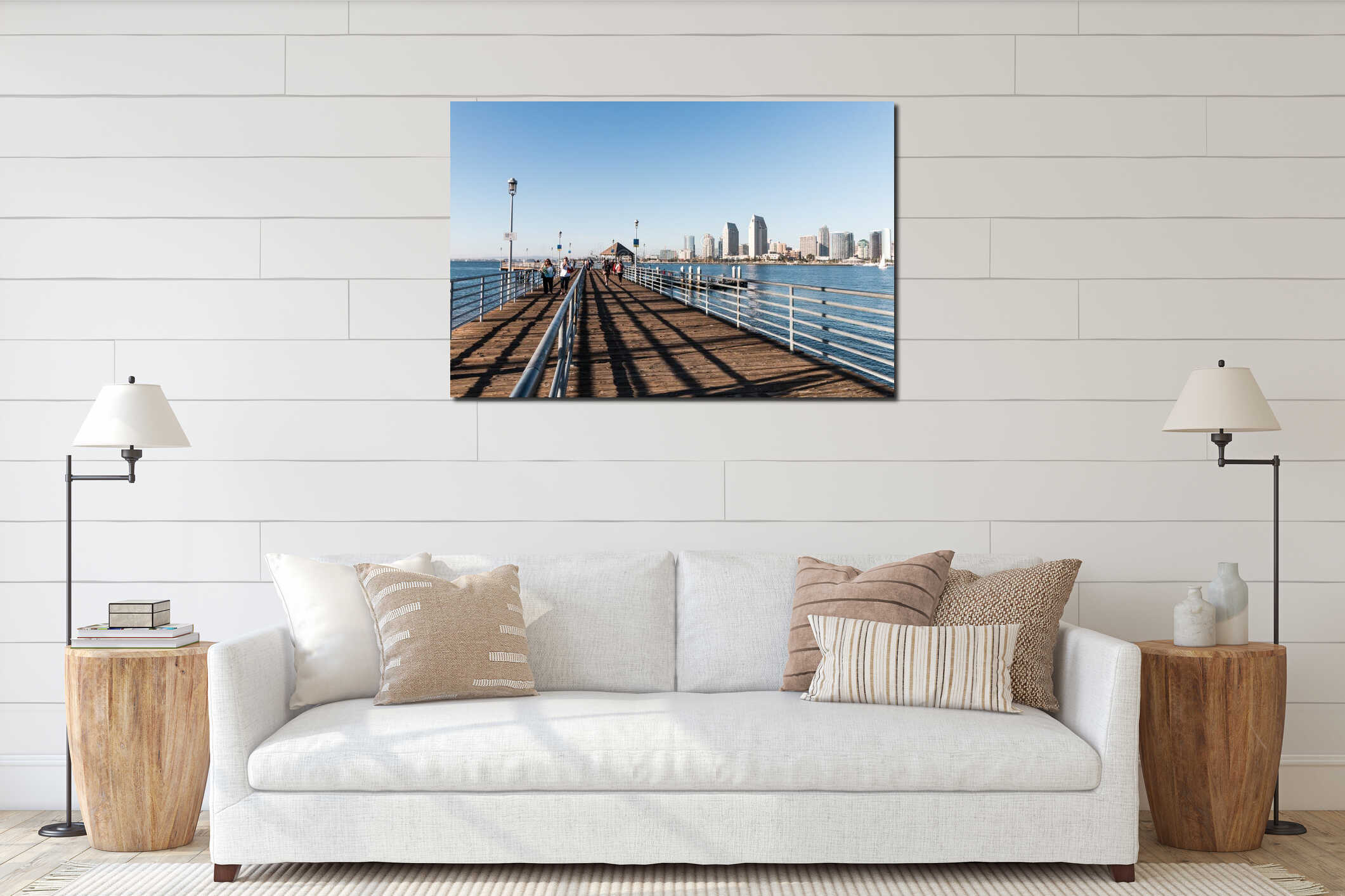 People Walk on the Dock/Pier of Coronado Ferry Landing With Views of San Diego interior mockup