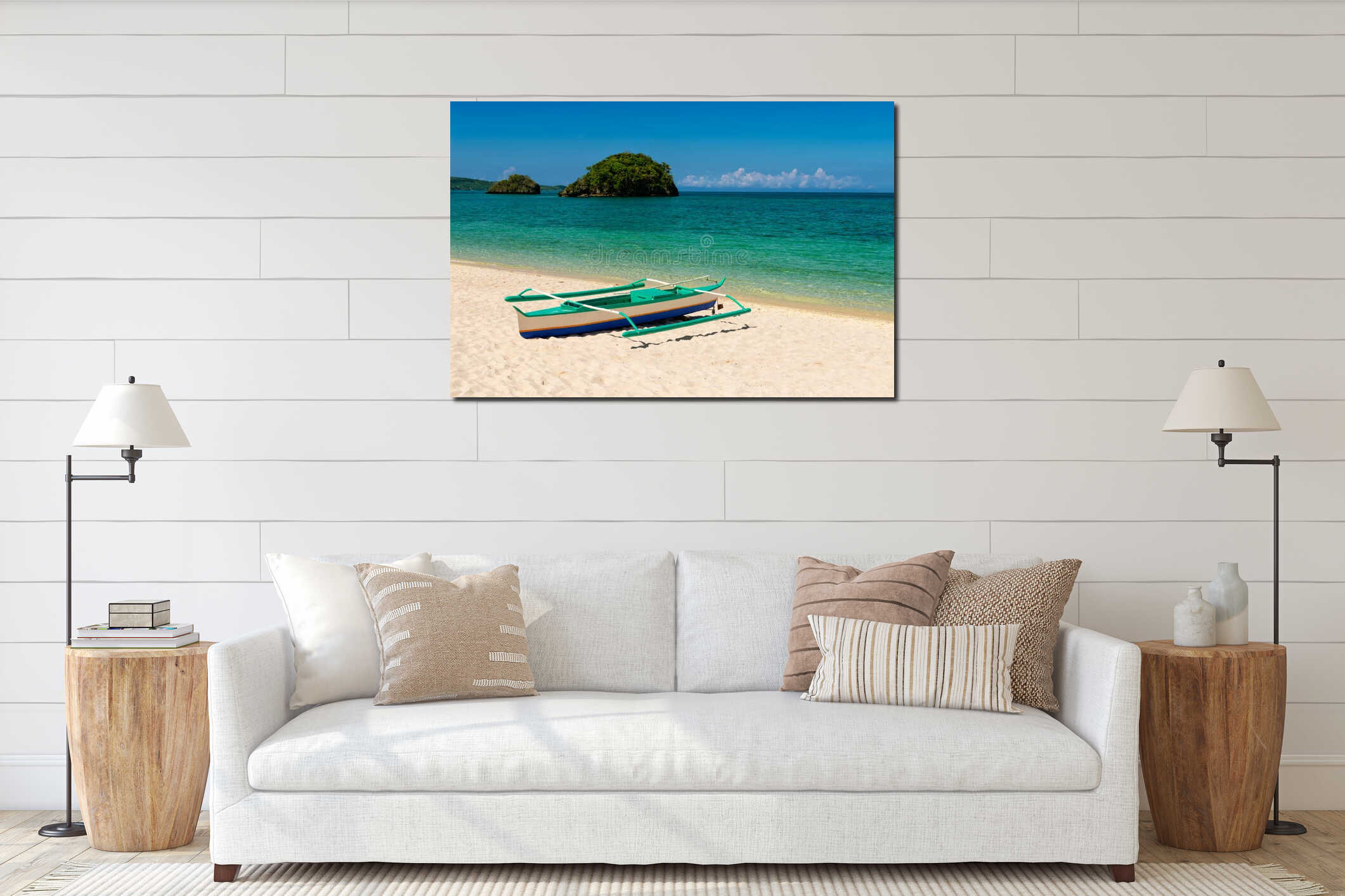 Fishboat on sand and two small islands on tropic turquoise sea interior mockup