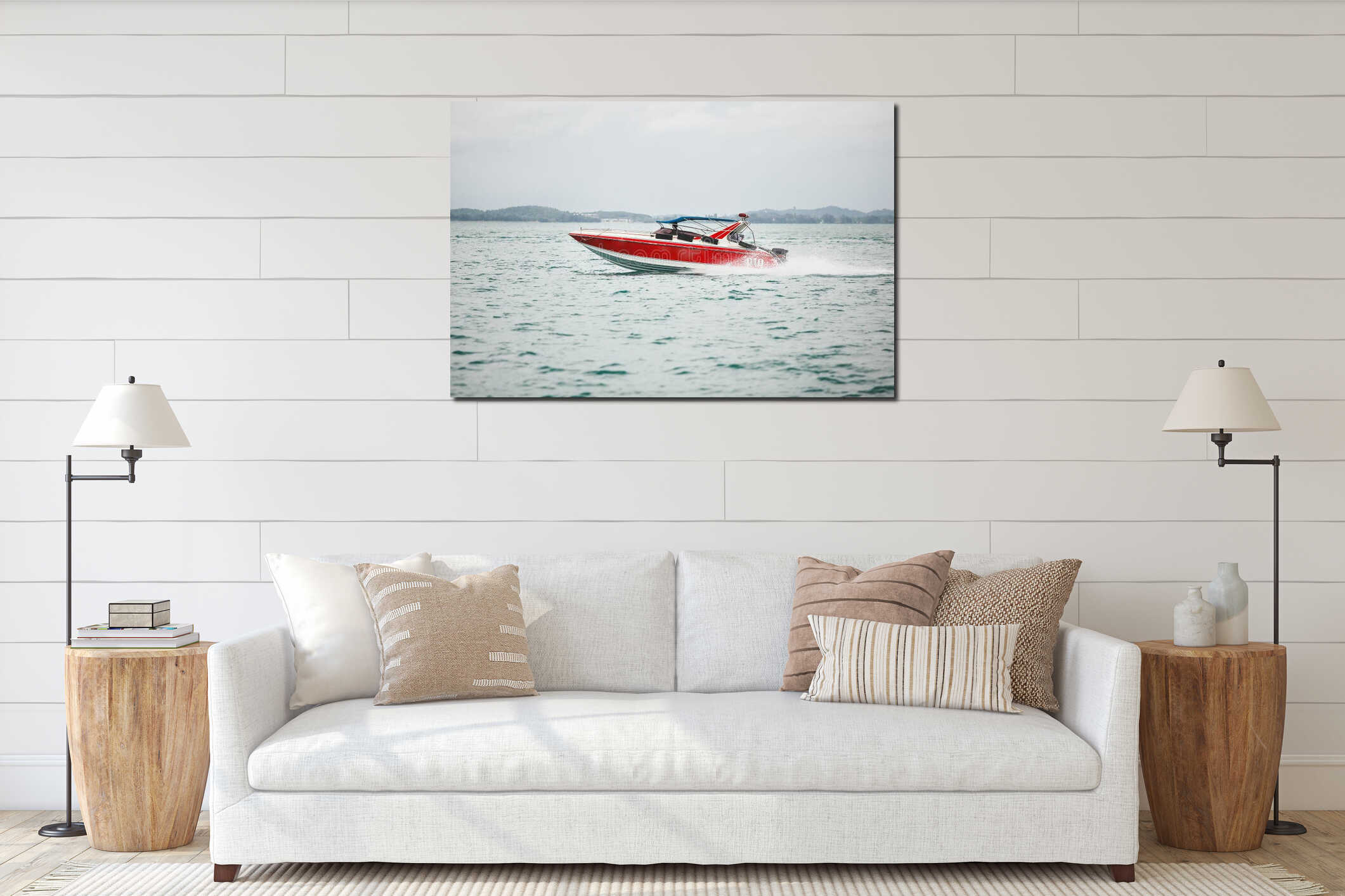 Red boat sailing on the sea. beautiful and fast vessel moves open water. interior mockup