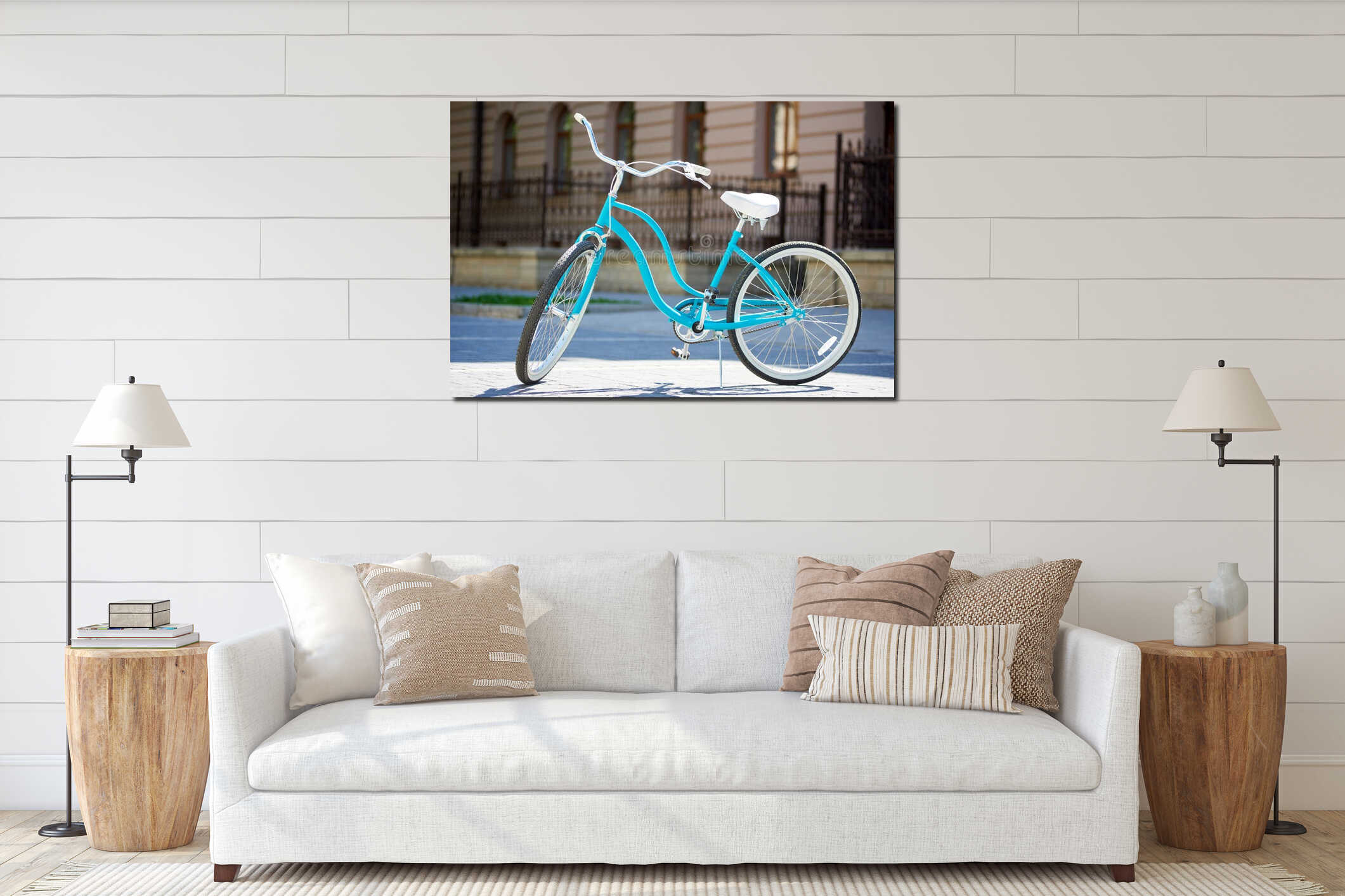 Close-up blue retro bicycle in sunlight of summer day interior mockup