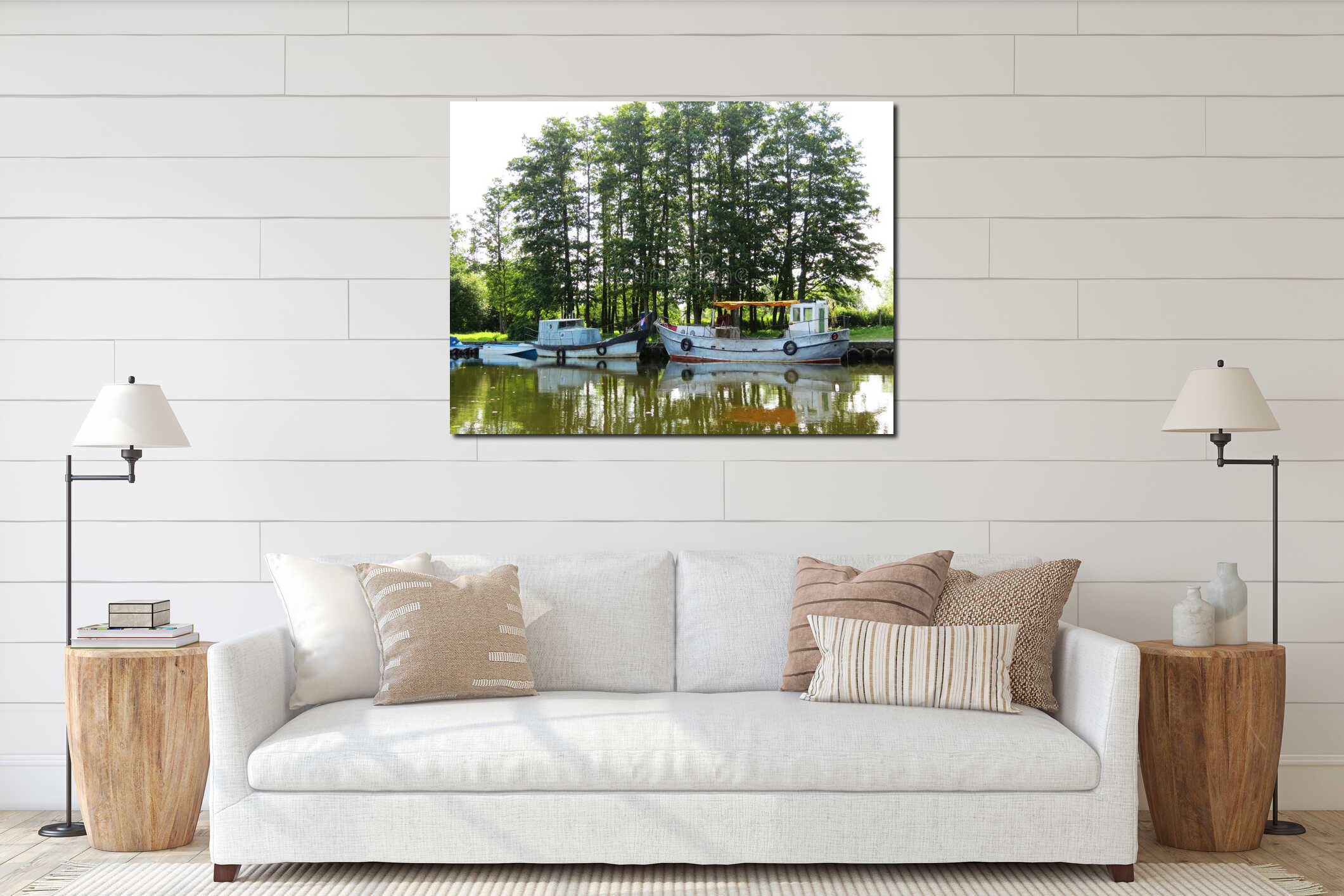 Old ships floating on water near big trees, Lithuania interior mockup