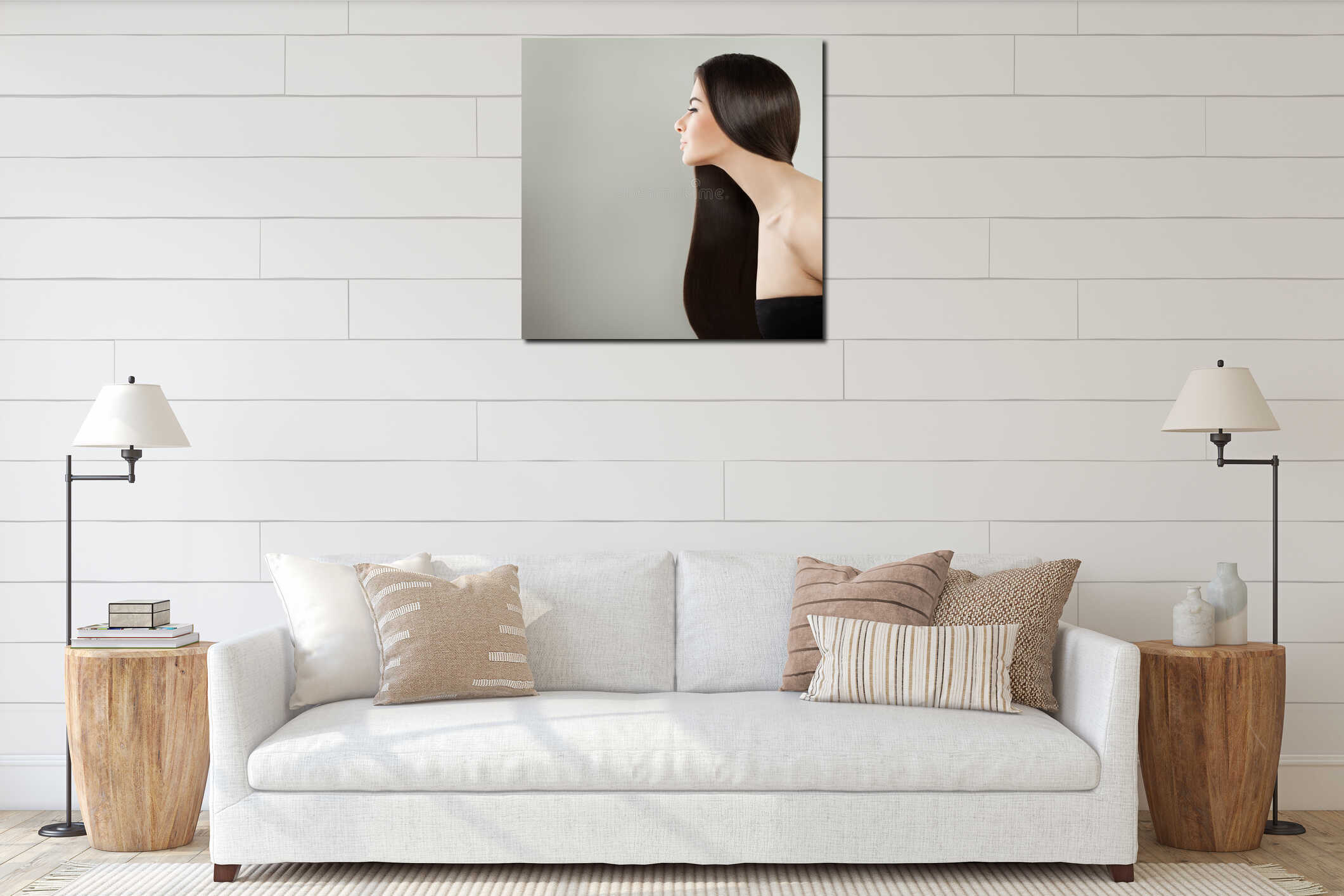 Elegant Dark Hair Girl Portrait. Pretty Woman interior mockup