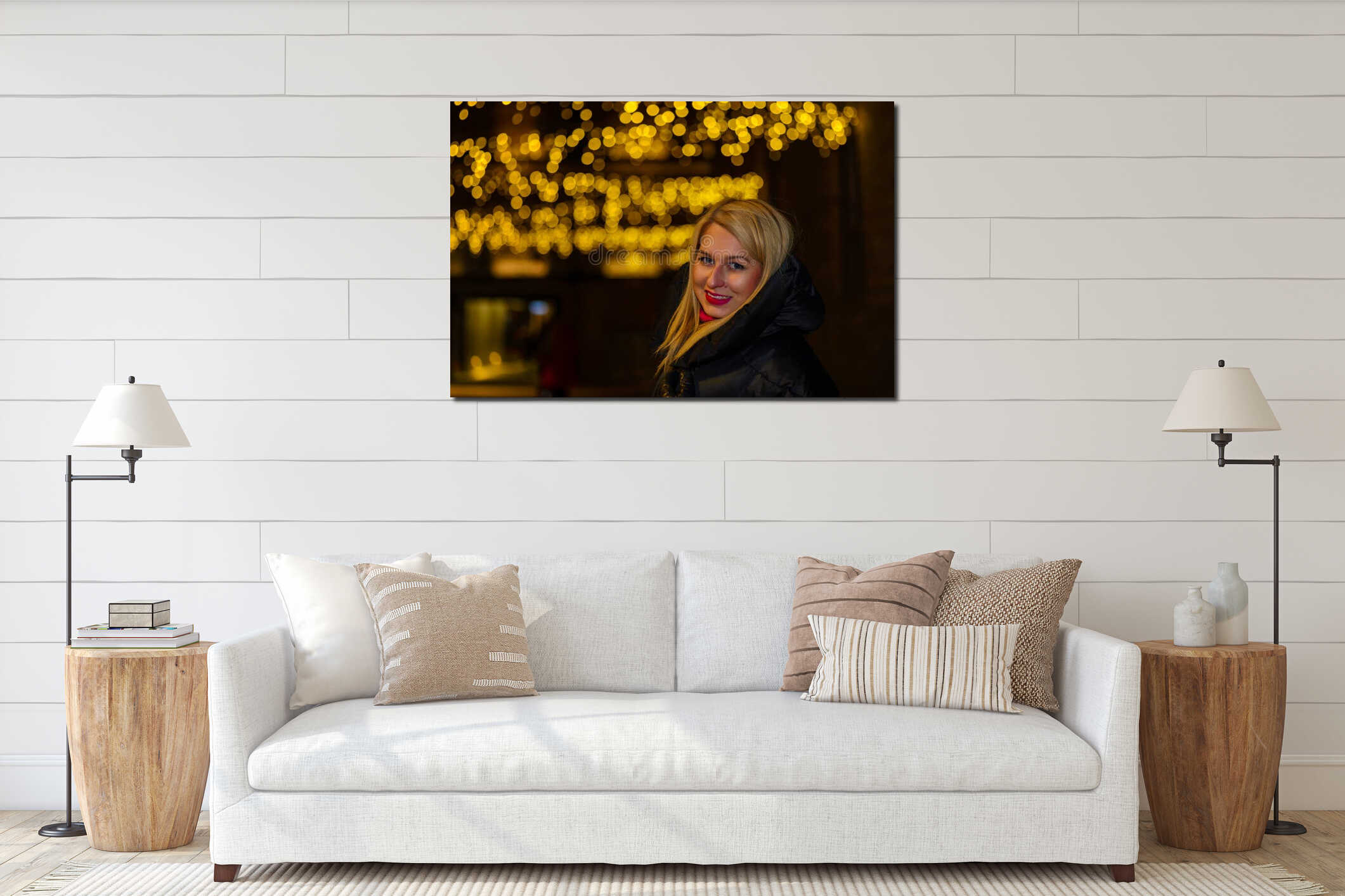 gorgeous girl portrait in night city lights. Vogue fashion style portrait of young pretty beautiful woman interior mockup