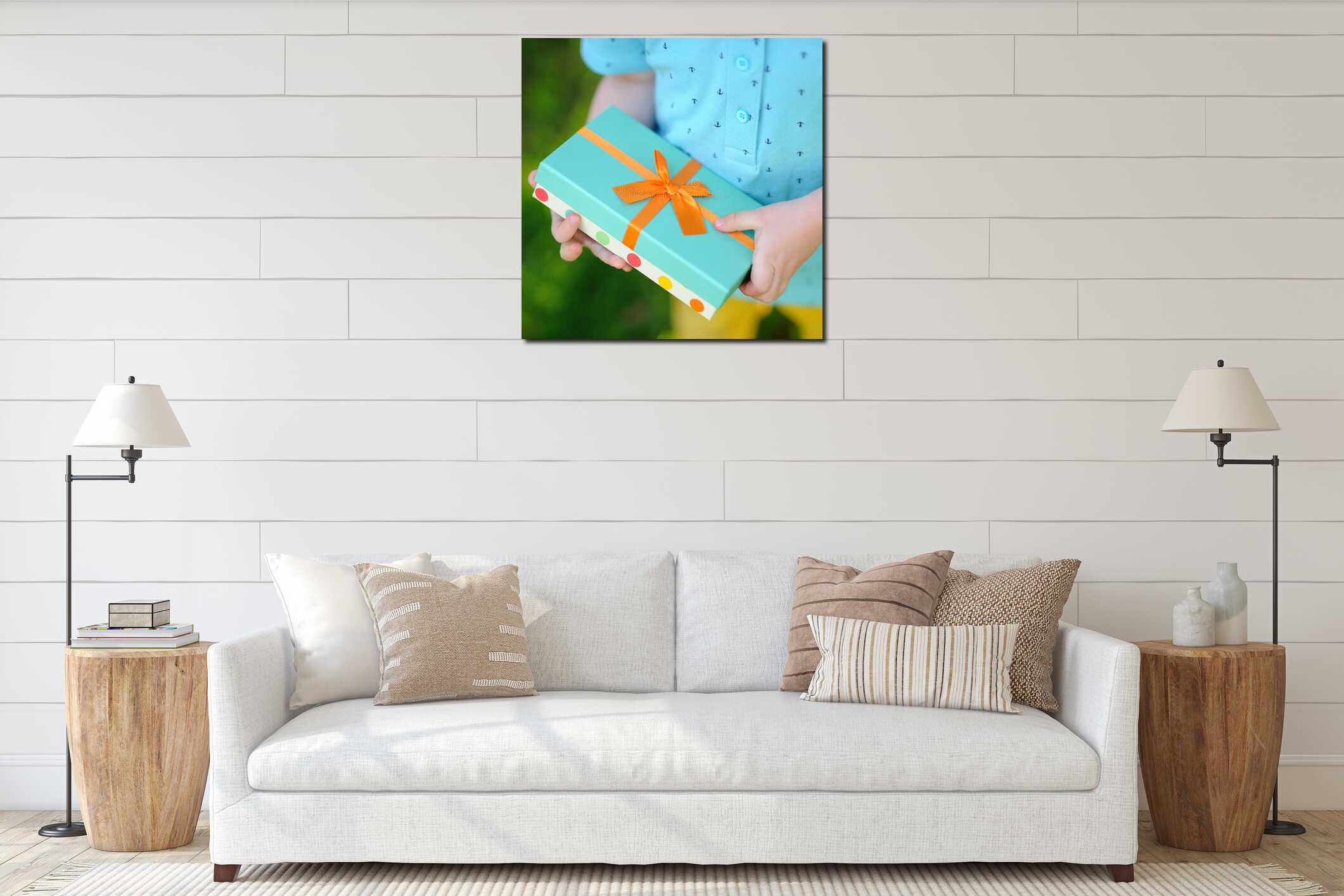 Close-up of nicely wrapped birthday gift being held by a child interior mockup