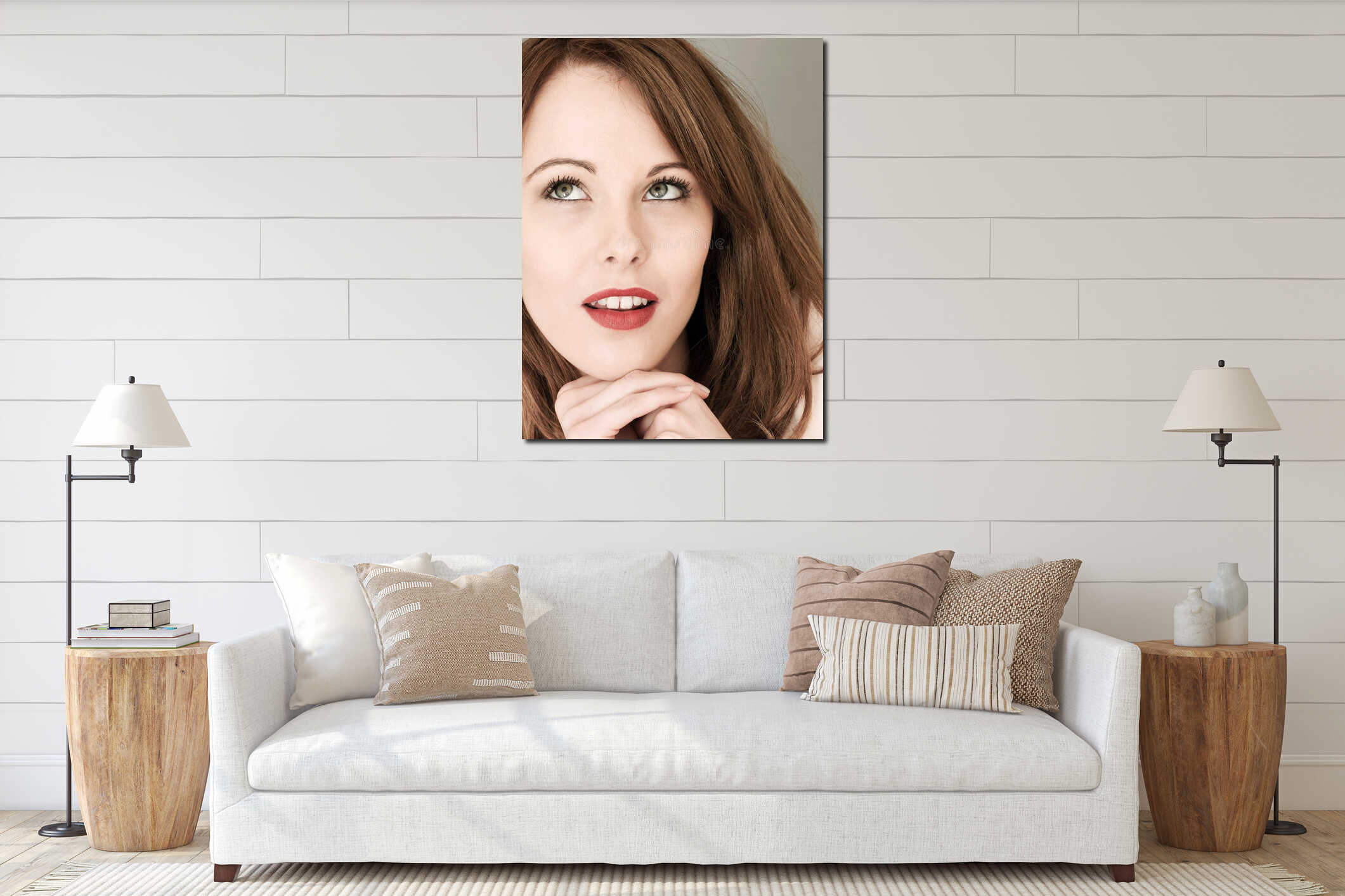 Portrait of a Happy Smiling Young Woman Looking Pleased and Relaxed interior mockup