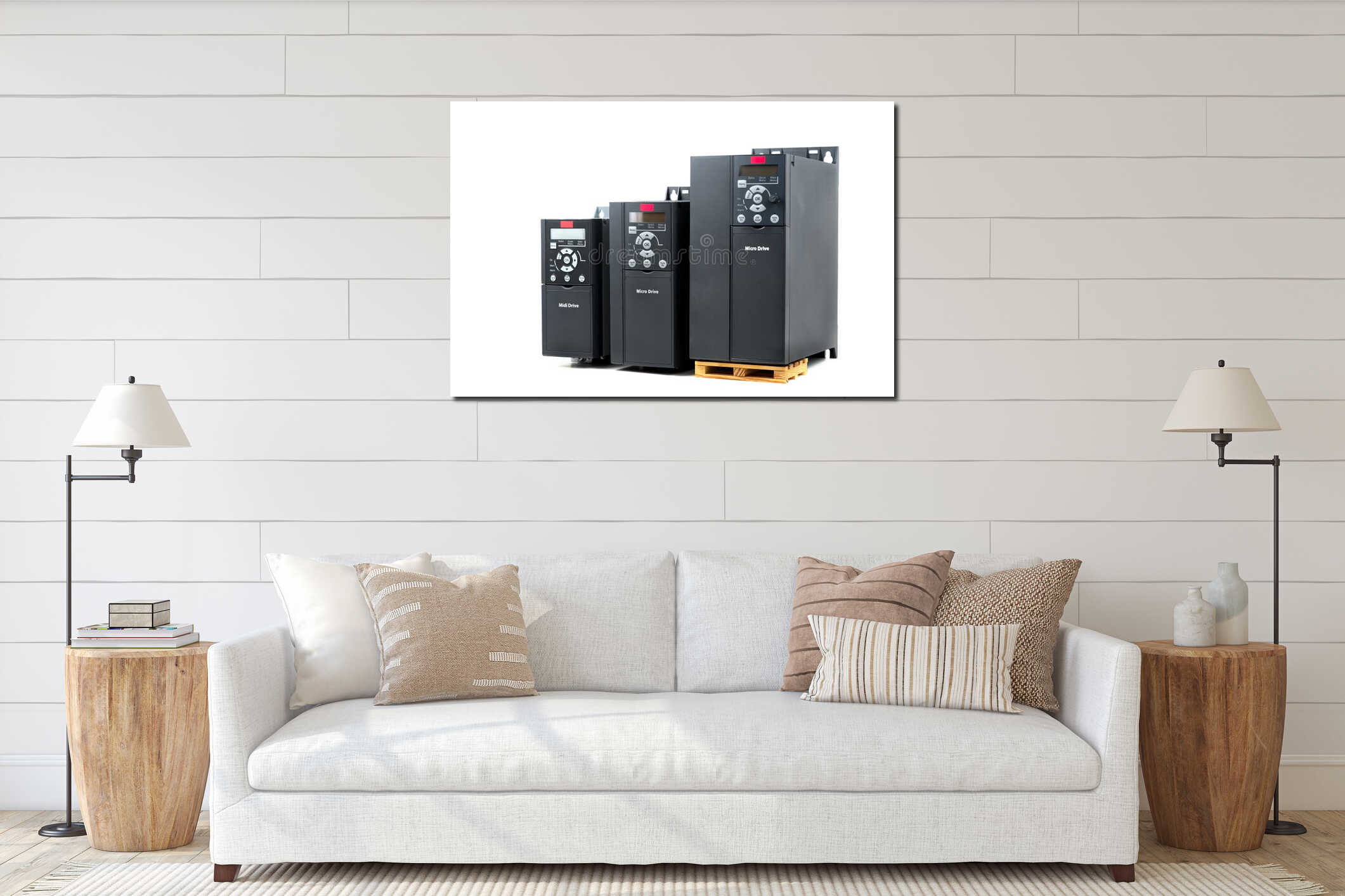 A group of three different sizes and capacities new universal inverter for controlling the electric current and power interior mockup