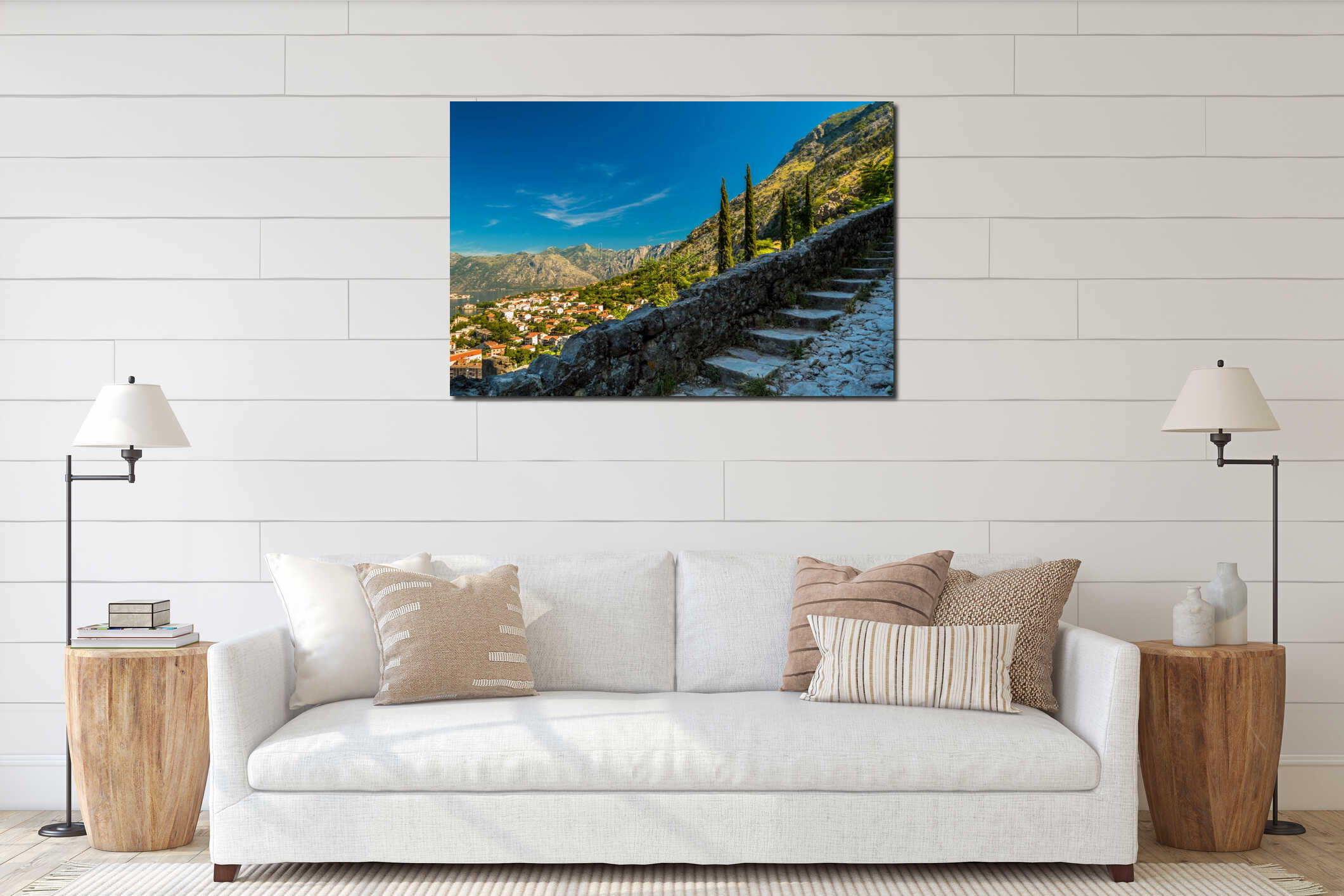 Stunning view of Kotor Bay, Montenegro, looking down from the top of the castle ruins interior mockup