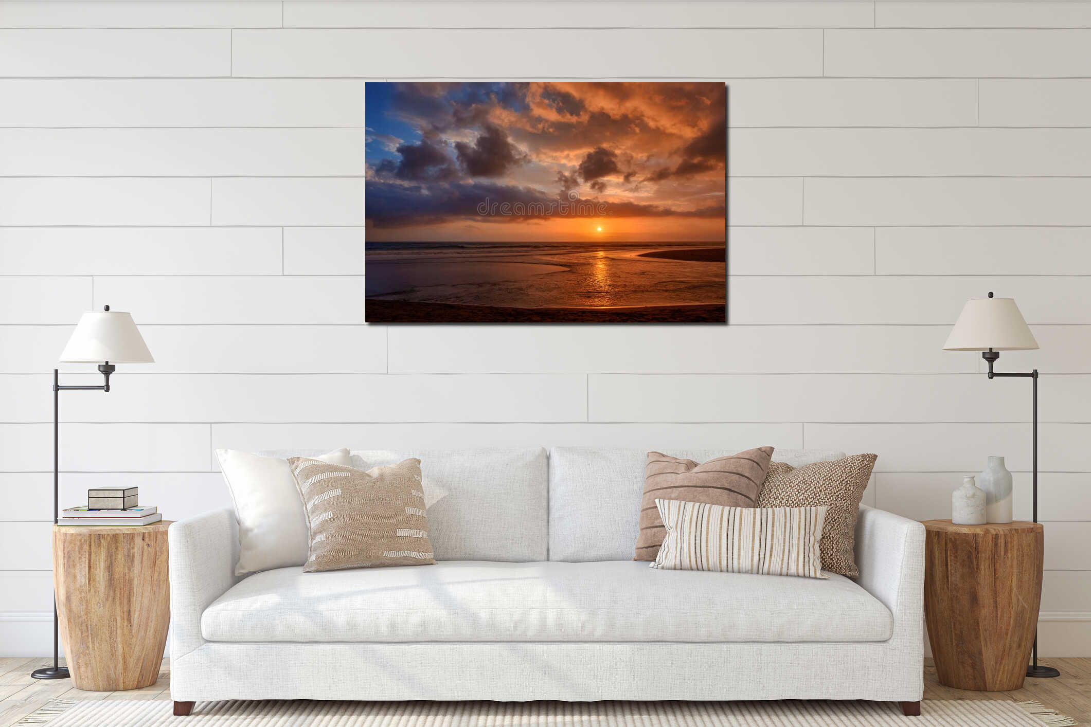 Dramatic golden sunset clouds reflected on the water sea. Tropic interior mockup