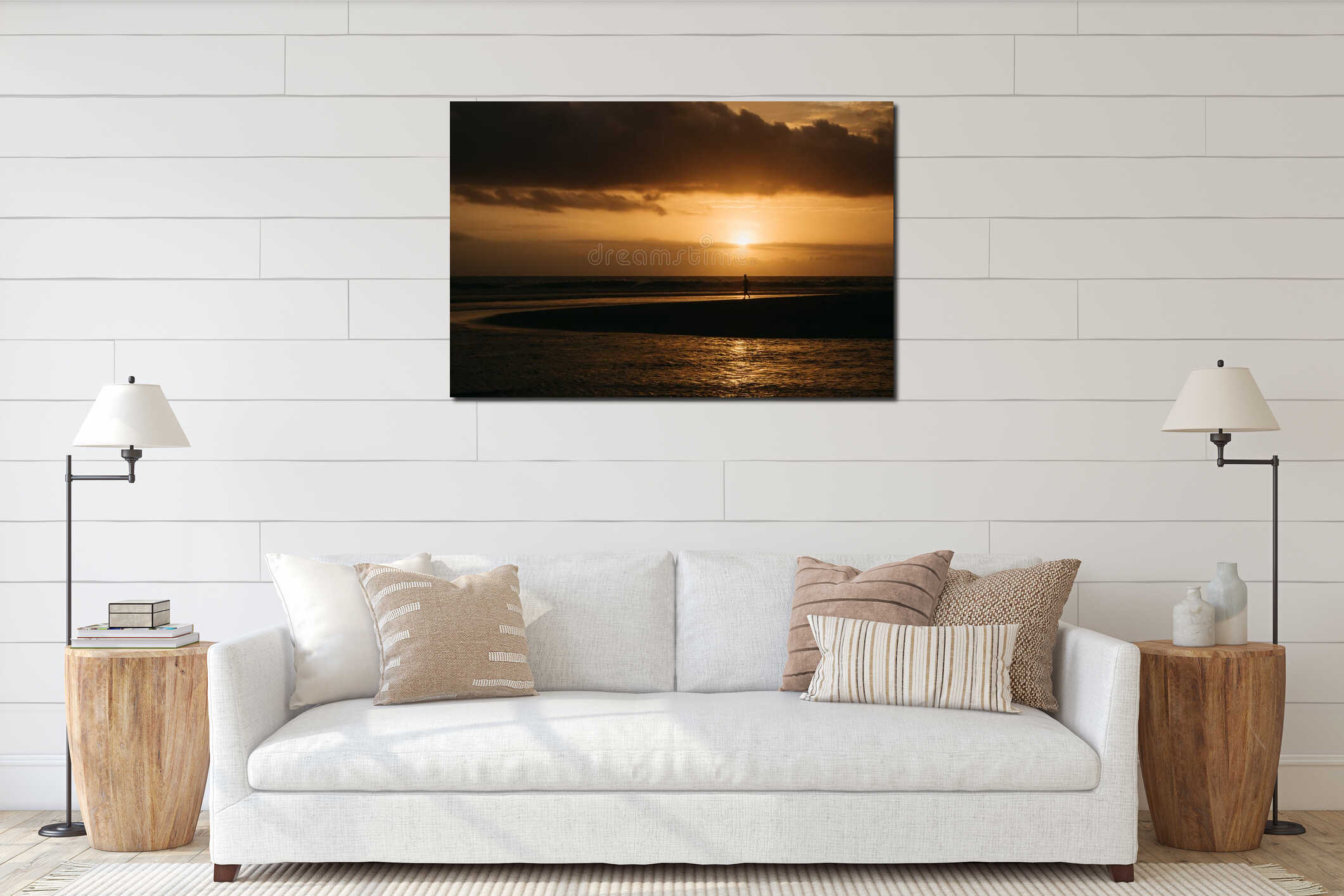 Dramatic golden sunset clouds reflected on the water sea. Tropic interior mockup