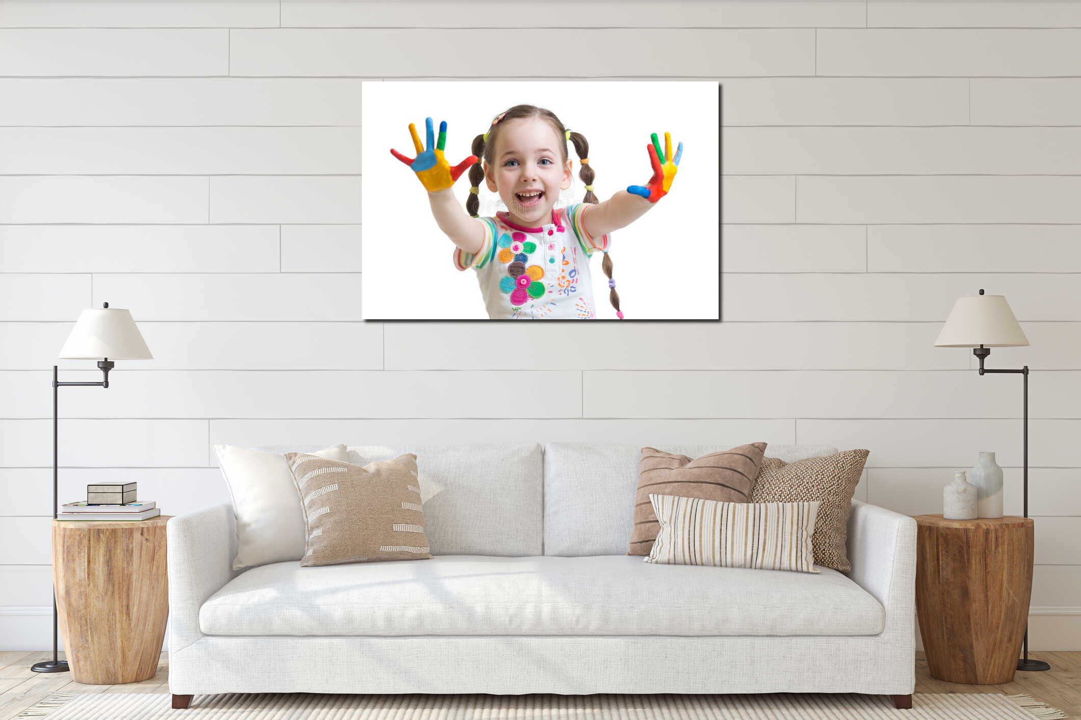 Funny child girl with painted hands interior mockup