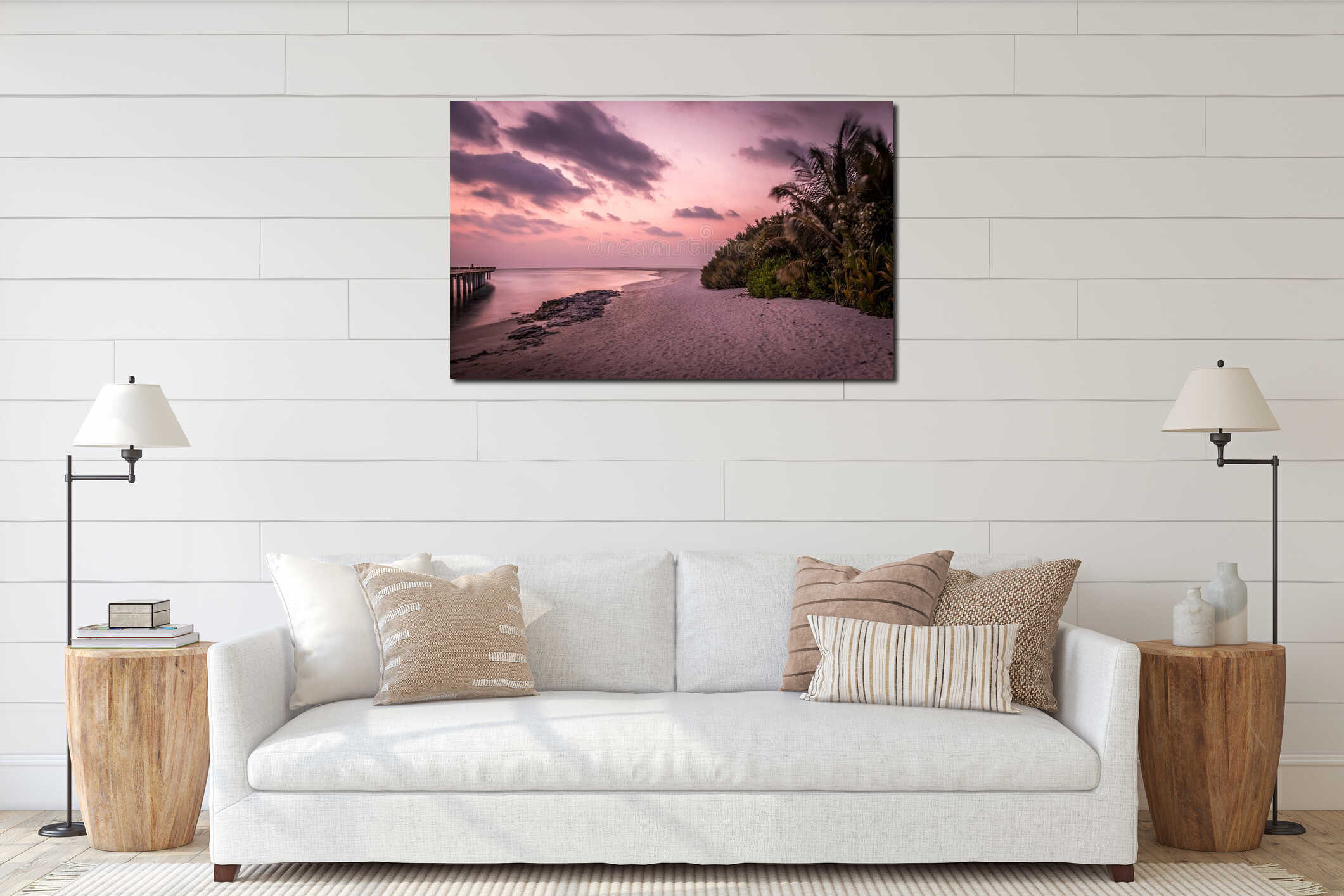Purple sky at sunrise in Maldives interior mockup