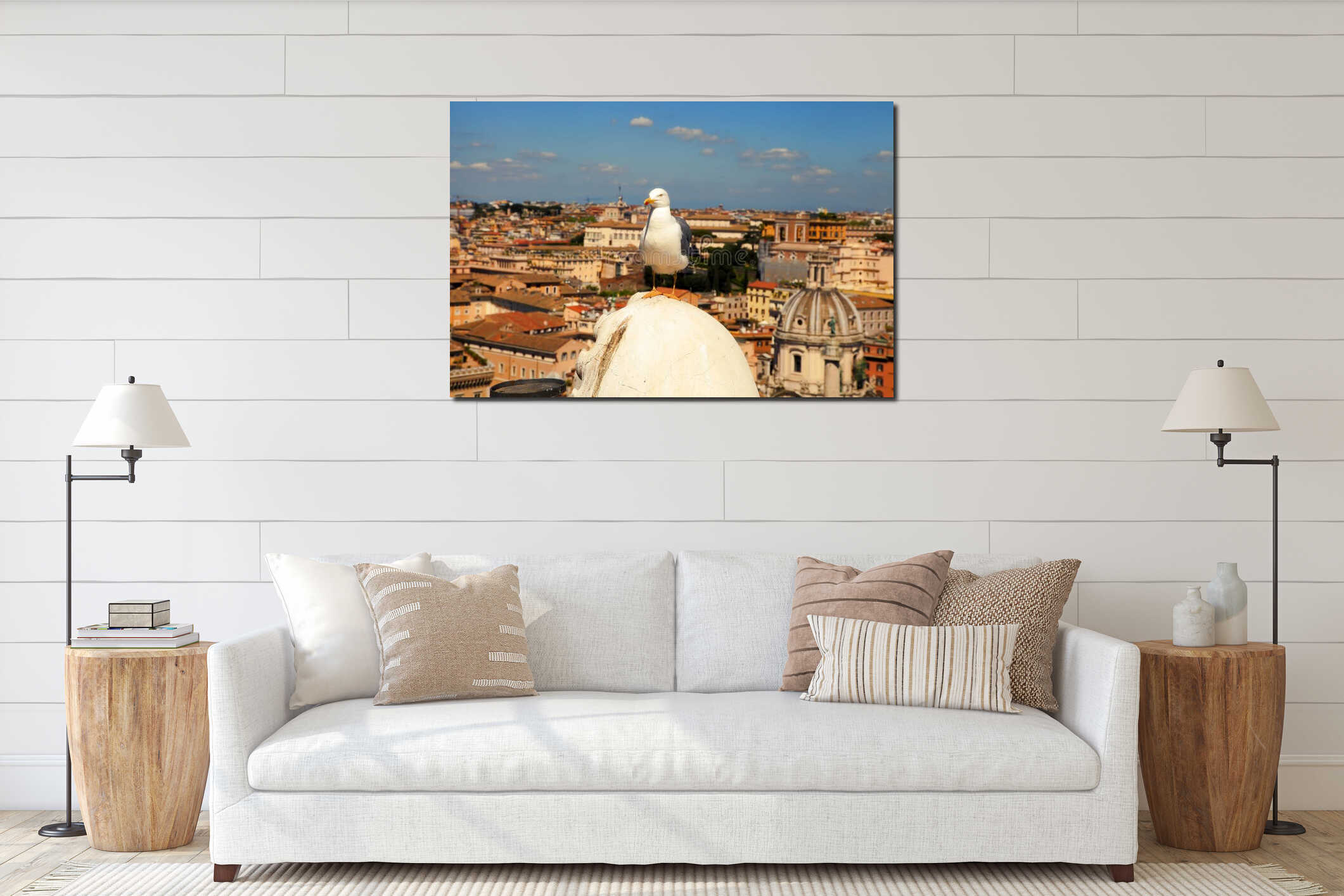 Gull on the outlook above historical center of Rome. Seagull stands over the roofs of Roma. Seagull watching Rome in summer. Bird interior mockup
