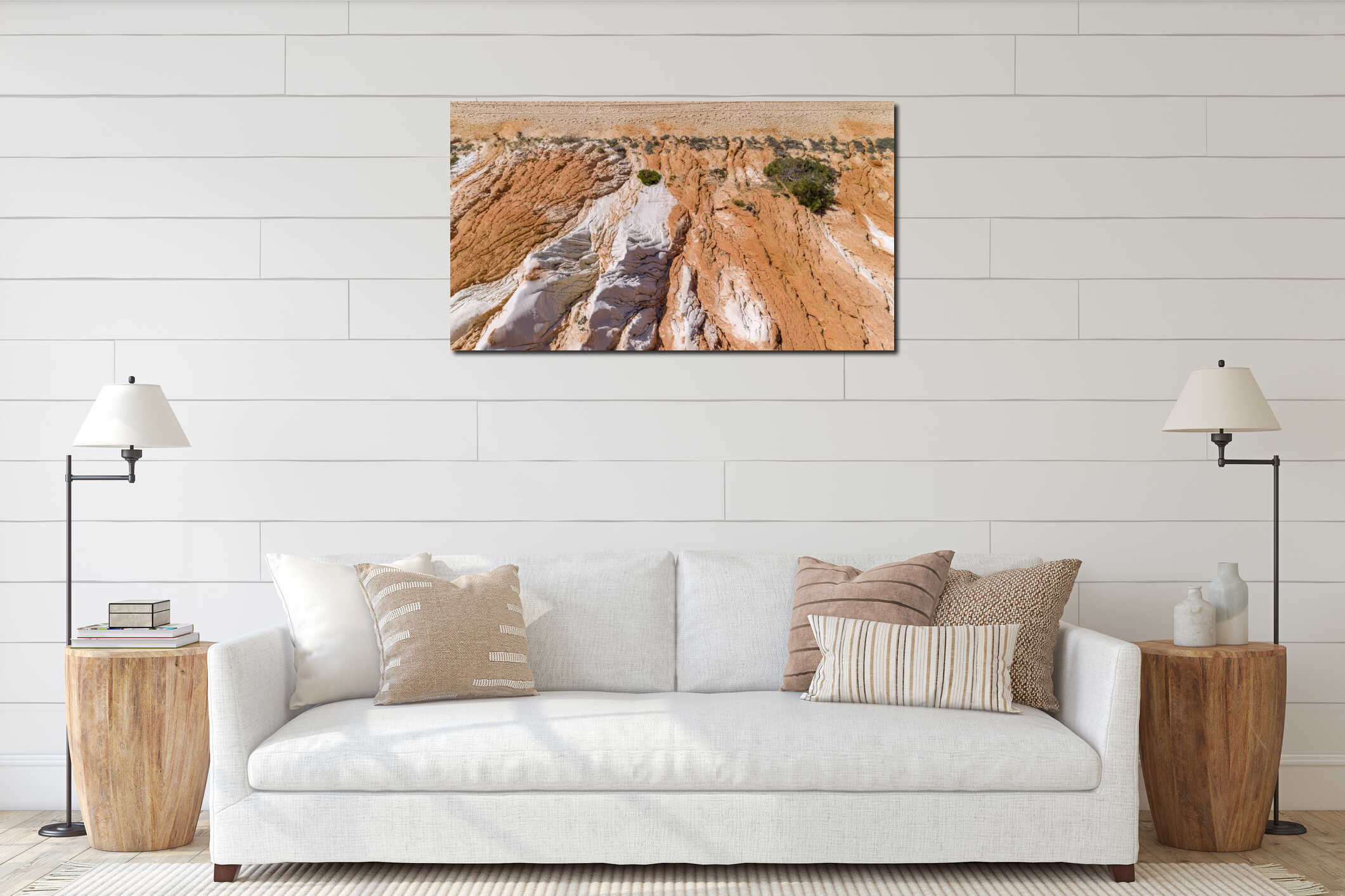 Aerial rocks and cliffs seascape shore view of famous Falesia beach, Algarve interior mockup