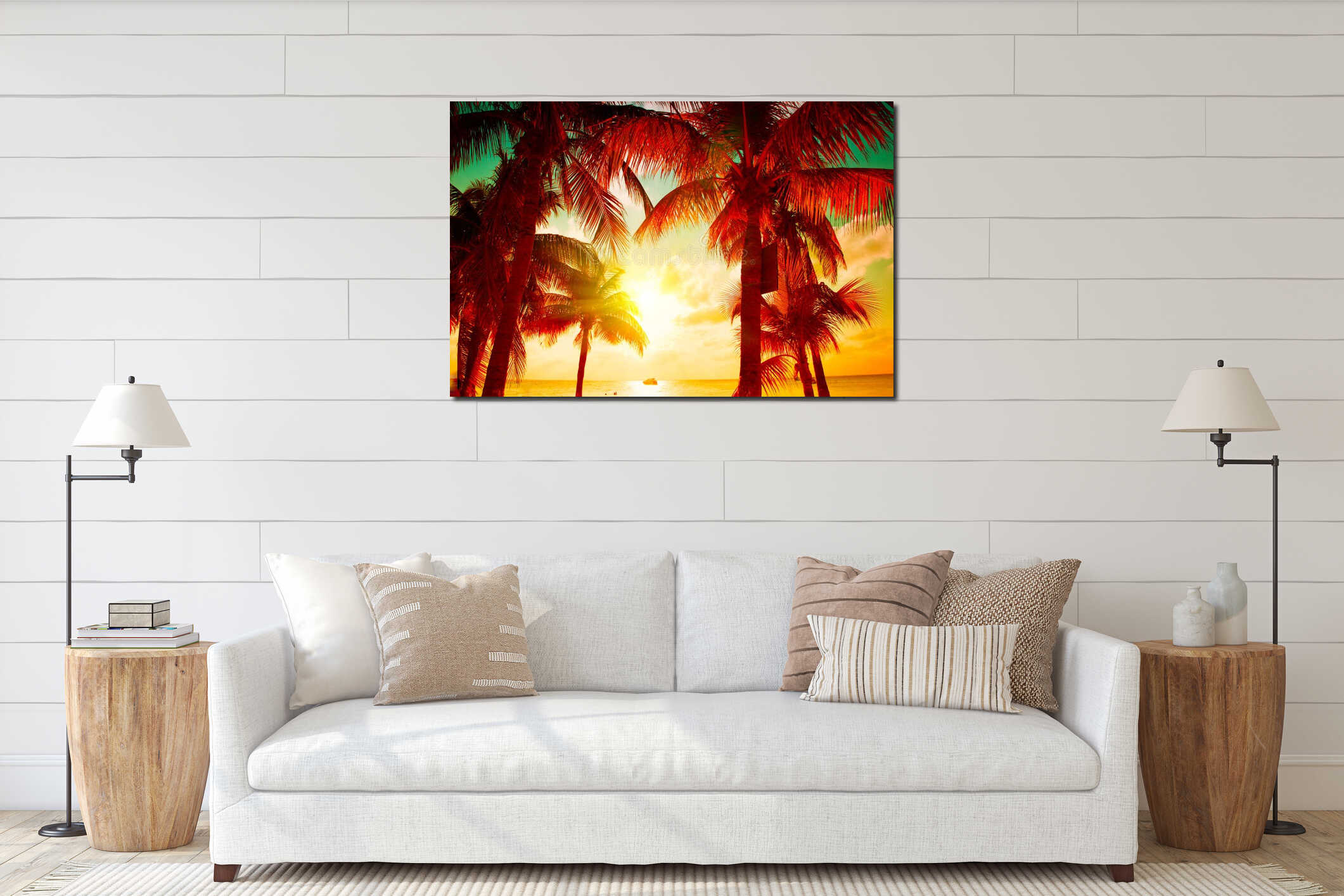 Sunset beach with tropical palm tree over beautiful sky. Palms and beautiful sky background. Tourism, vacation concept backdrop interior mockup